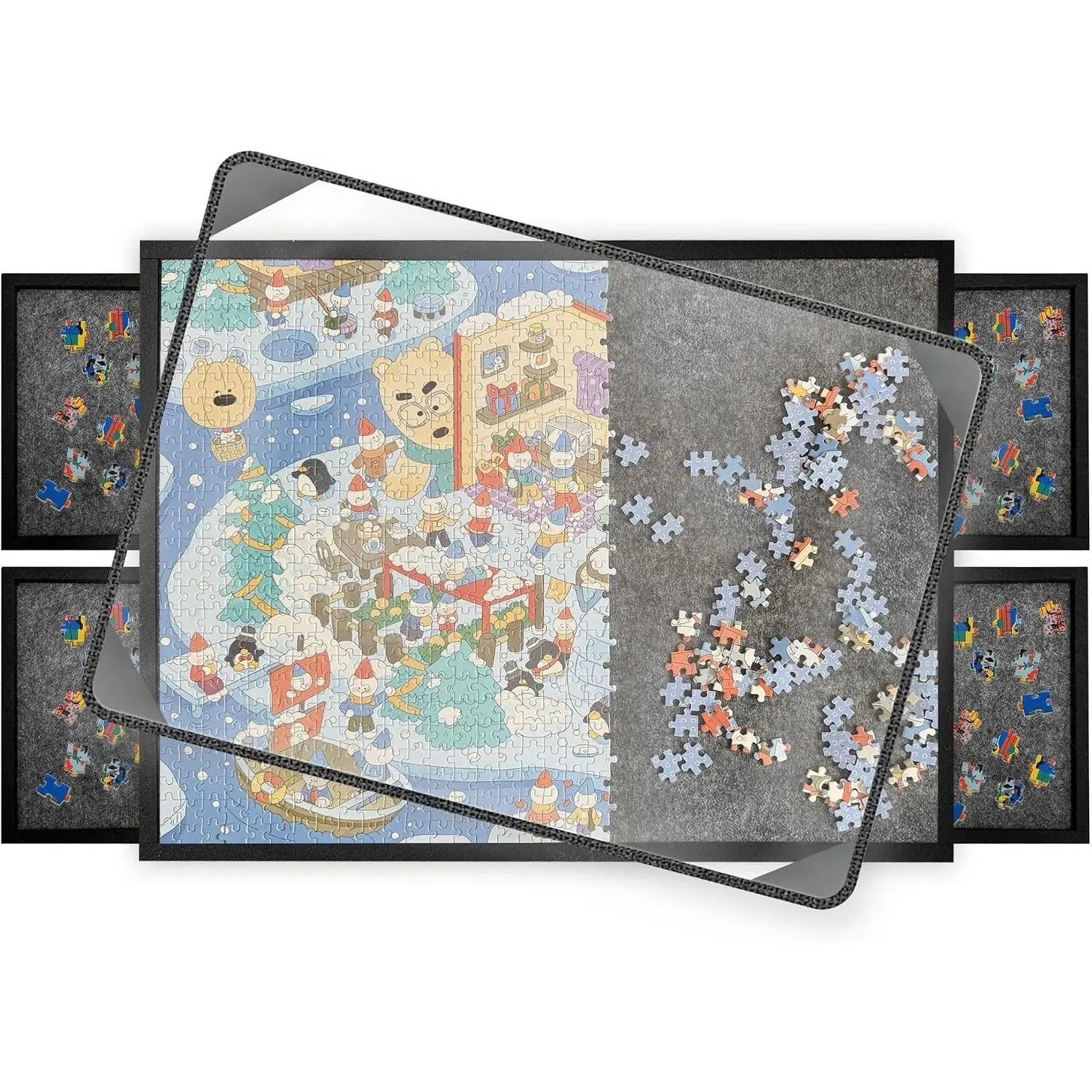 Portable Foldable Felt Puzzle Board with 4 Sorting Trays & Protective Cover, Lightweight Storage Organizer for 1000-Piece Puzzles Game Night
