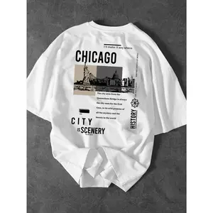 180g[100%cotton]Men'S Chicago Cityscape Graphic Tee - a Loose-Fitting Street Style Print T-Shirt, Perfect for Casual Everyday Wear, Featuring a Round Neck And a Relaxed Fit
