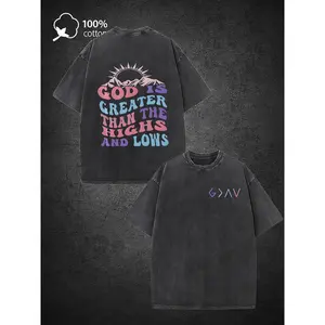 Washed 100 Percent Cotton Graphic T Shirt Double Sided God Is Greater Than The Highs And Lows Mountain Sunset GDAV Print Loose Oversized Crew Neck Short Sleeve Unisex Soft Breathable Church Casual Streetwear Summer Holiday Religious Faith Gift For Men Wom
