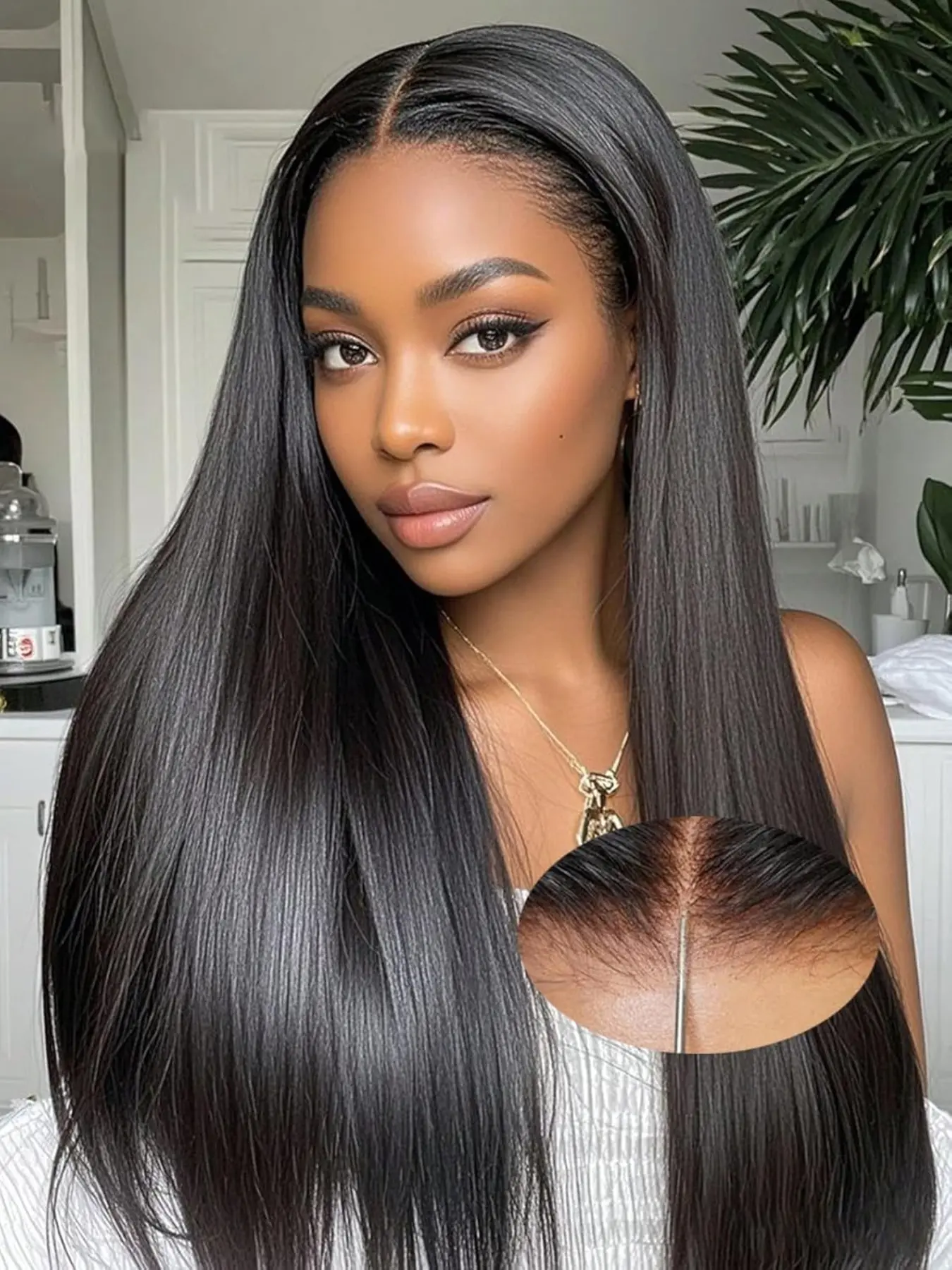Synthetic Hair Glueless 4x4 Closure Lace Wig, 28‑inch Straight Black Pre‑Cut Ready‑to‑Go Wig, Pre‑plucked with Natural Hairline for Women, Daily Wear