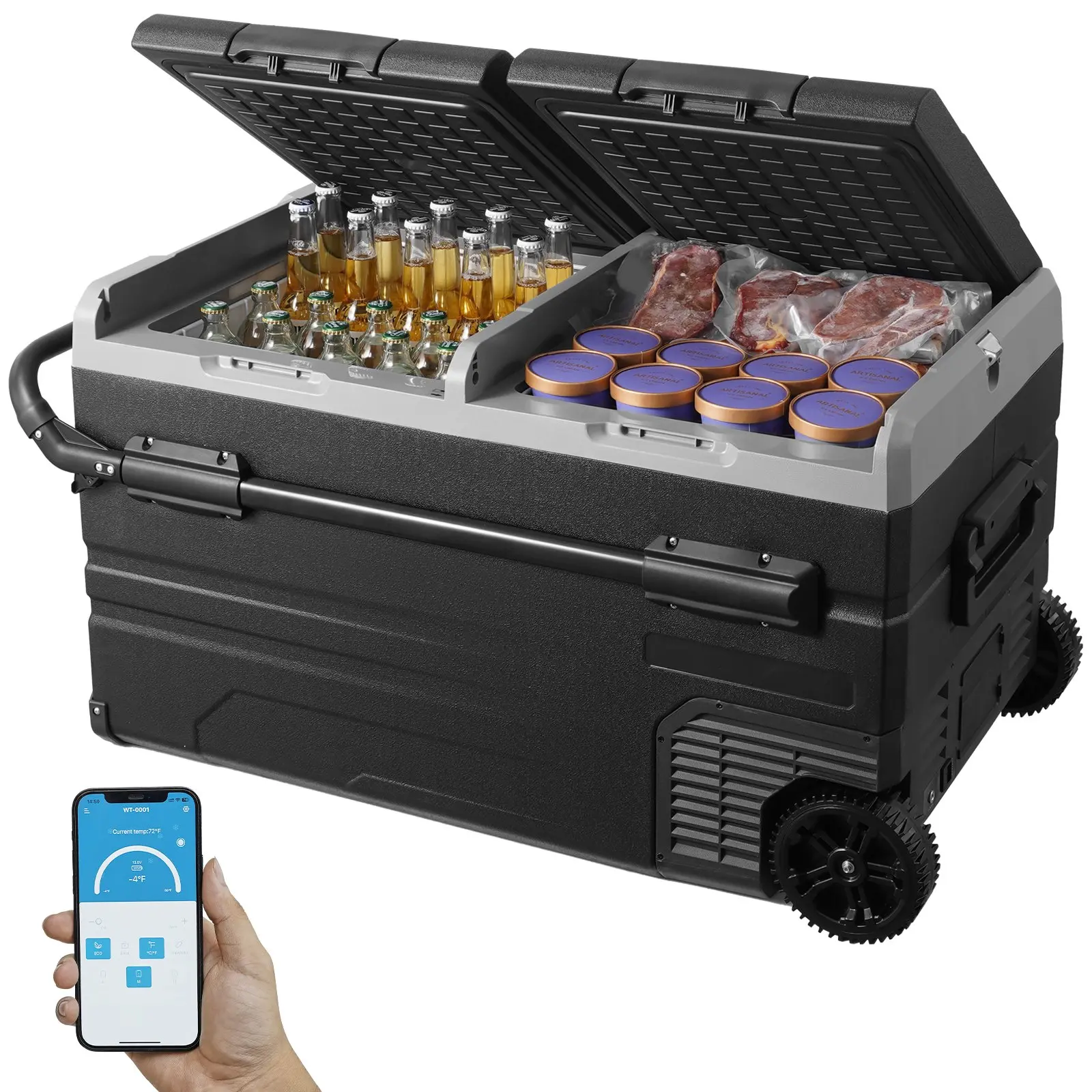 VEVOR Car Refrigerator, 12 Volt Car Refrigerator Fridge, 115 L Dual Zone Portable Freezer with Wheels and Handle, -4-68, 12/24V DC and 100-240V AC Compressor Cooler for Outdoor, Camping