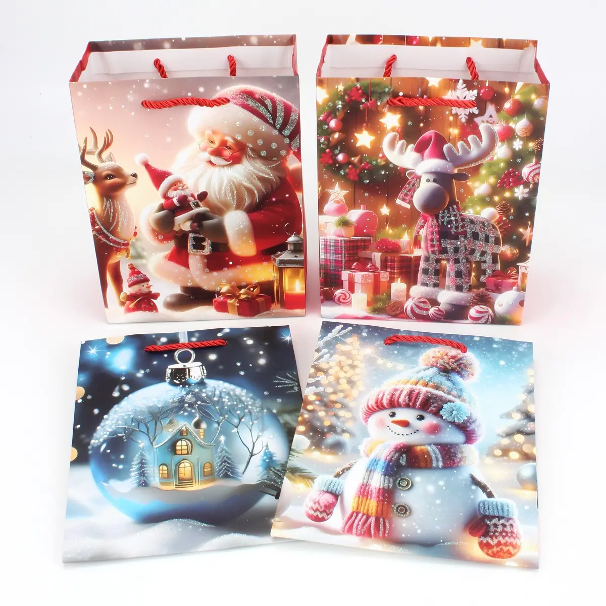 Christmas Gift Bags, Santa Claus and Snowman Designs, Waterproof Laminated, Durable Reusable, 12 Pack, Perfect for Holiday Parties and Decorations