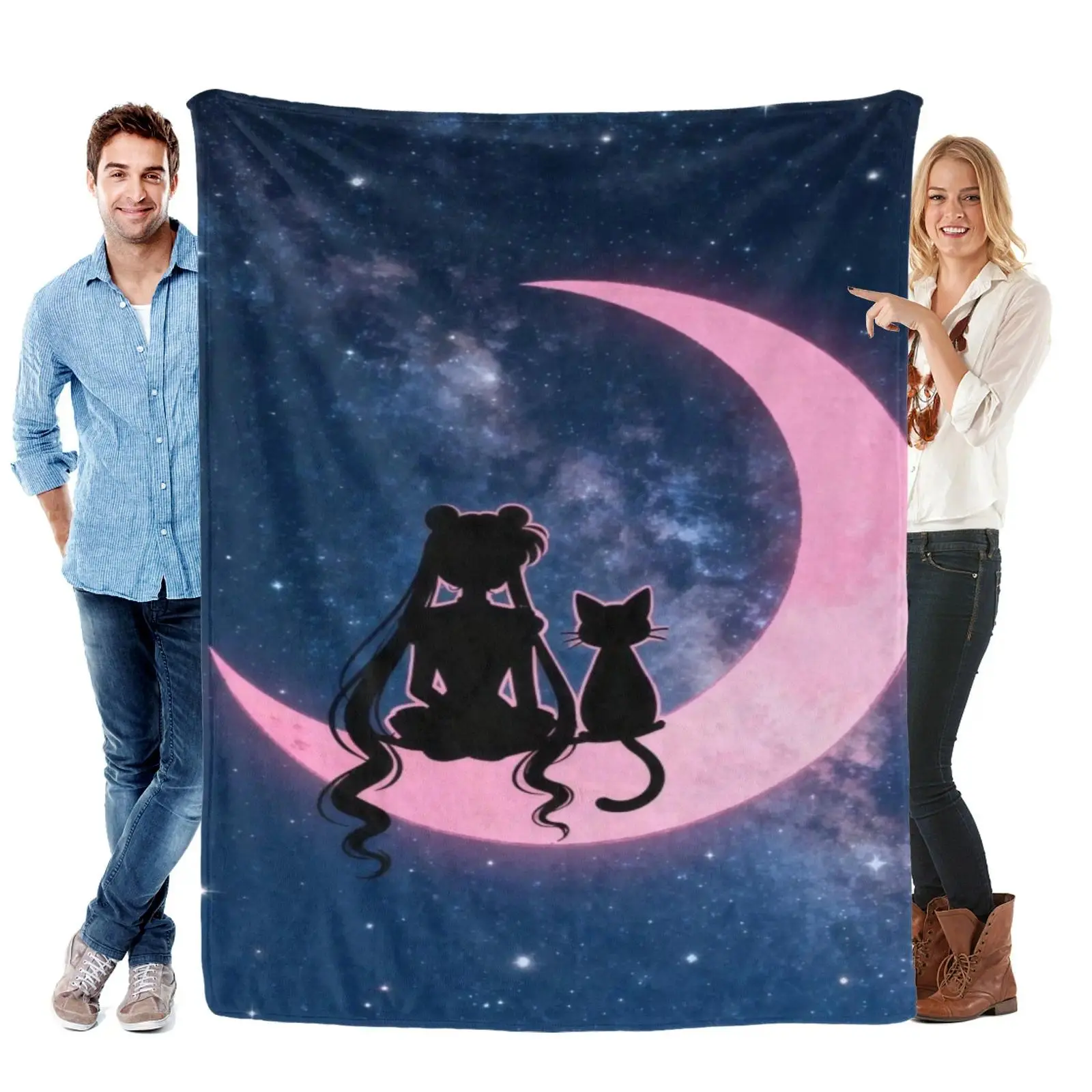 Stain Resistant Anime Art Galaxy Print Cooling Flannel Blanket - Cozy Evenings Homegoods Throw with Minimal Silhouette Girl & Cat Design for Fans’ Room Decor Gift, Minimalist Bedroom