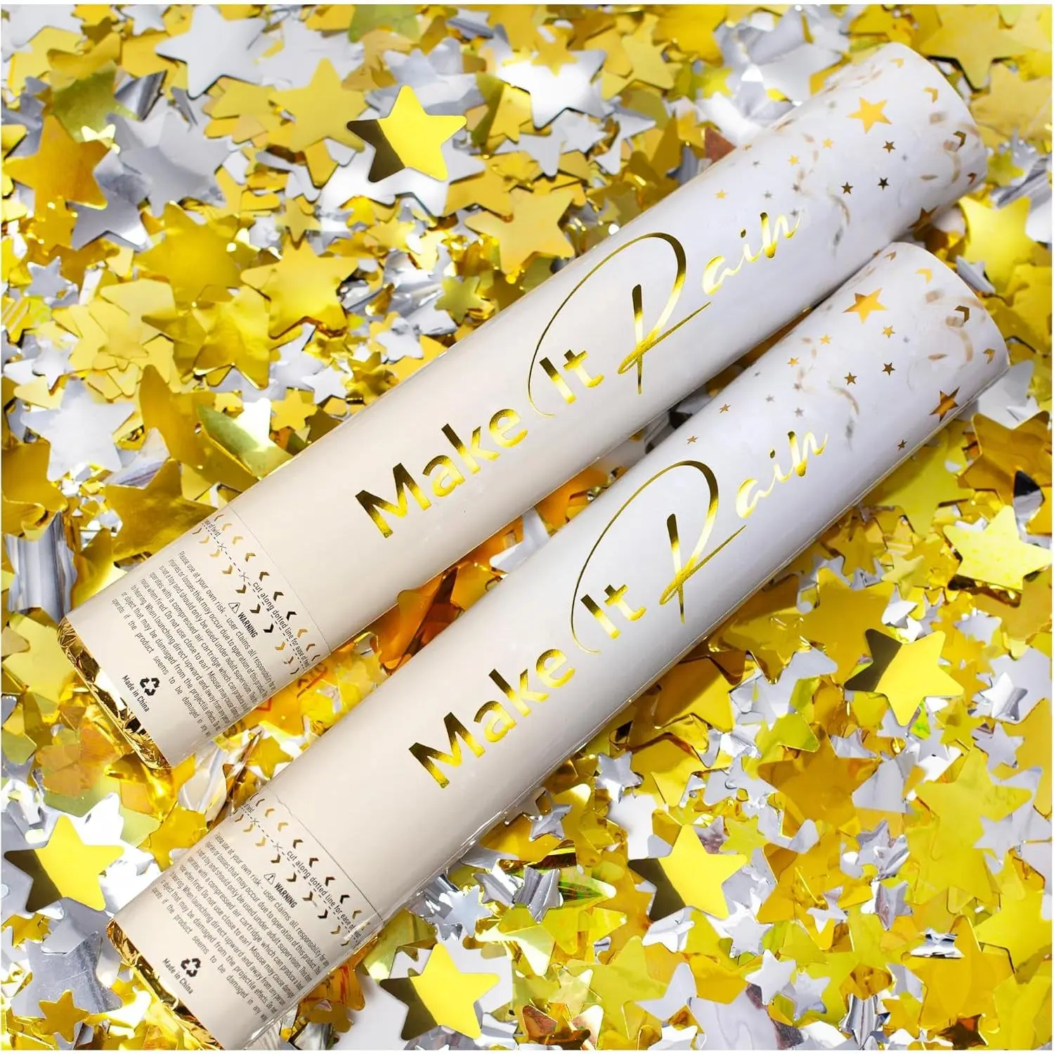 Confetti Cannon Party Poppers, Metallic  Stars, 2 Pack