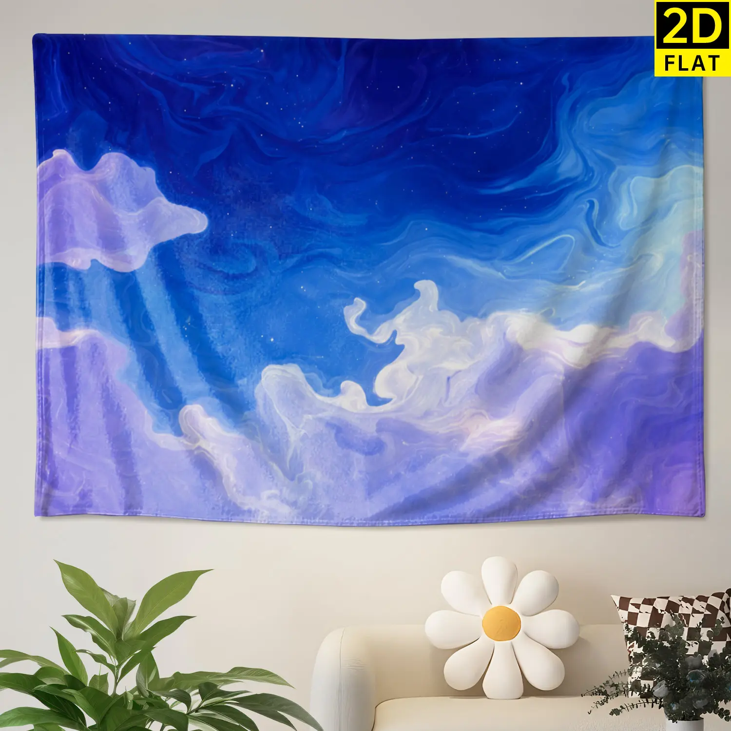 Abstract Blue Purple Nebula Print Polyester Tapestry - Large Horizontal Synthetic Wall Hanging, Family Indoor/Outdoor Machine Safe Decor, No-Installation Blanket, Room Art Gift