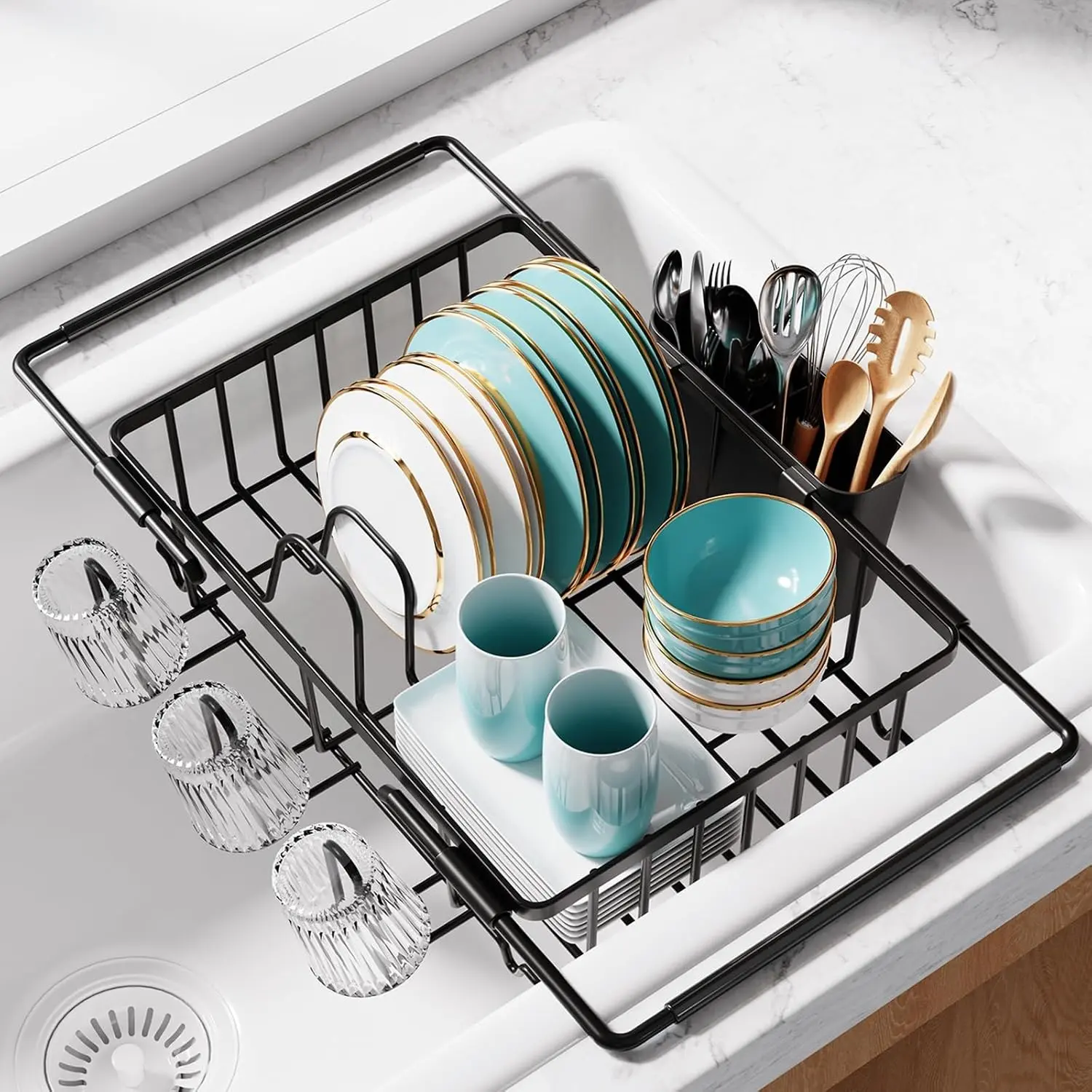Dish Drying Rack in Sink - Expandable Stainless Steel Dish Rack Over the Sink, Kitchen Sink Drain Strainer with Cutlery Holder & Cup Holders, 15.4 x 9.8 x 3.0 Inch, Black