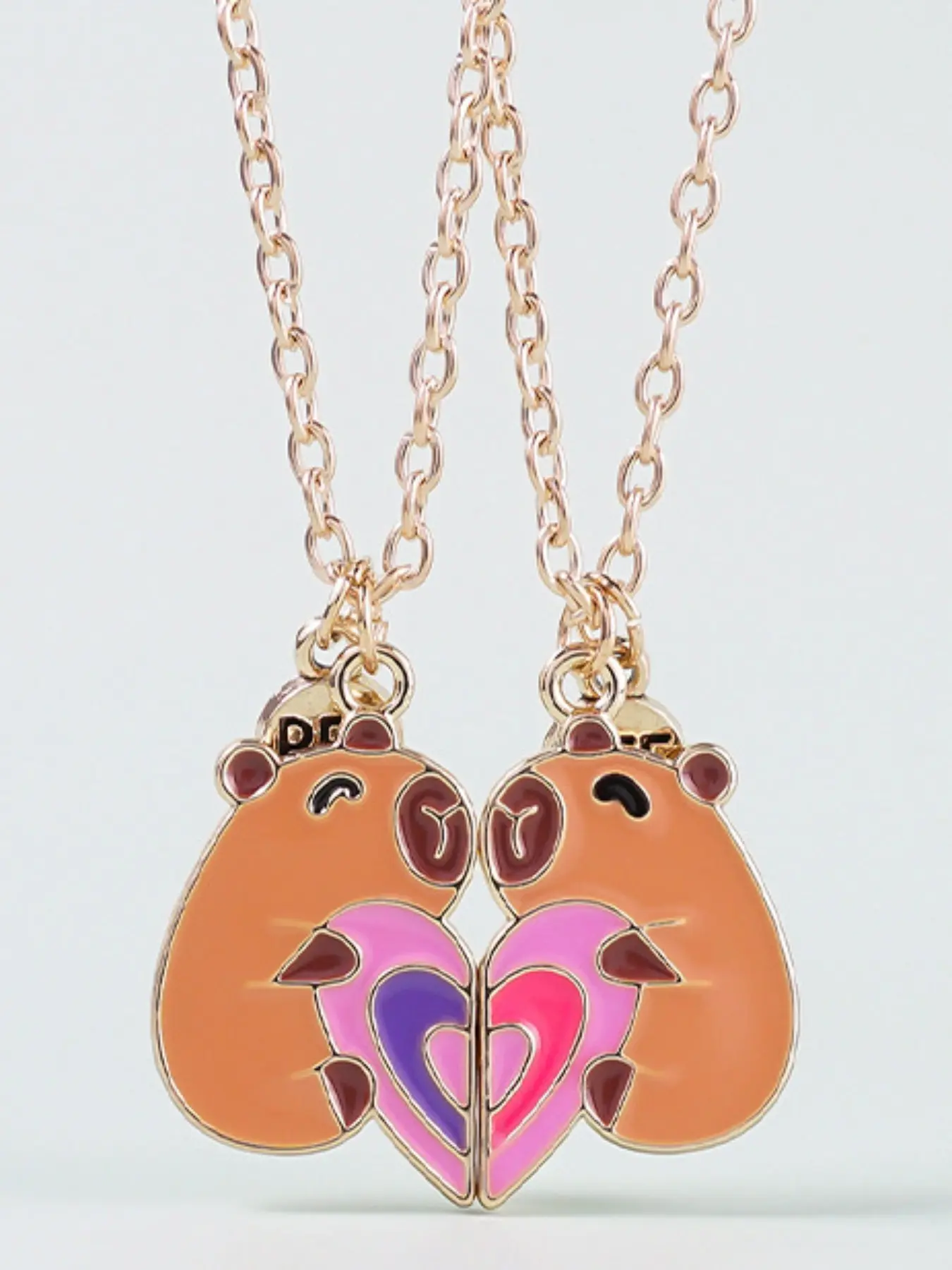 2pcs Capybara Bff Matching Necklace Set, Cute Split Heart Pendant, Adjustable Alloy Chain, Friendship Jewelry for Best Friends
