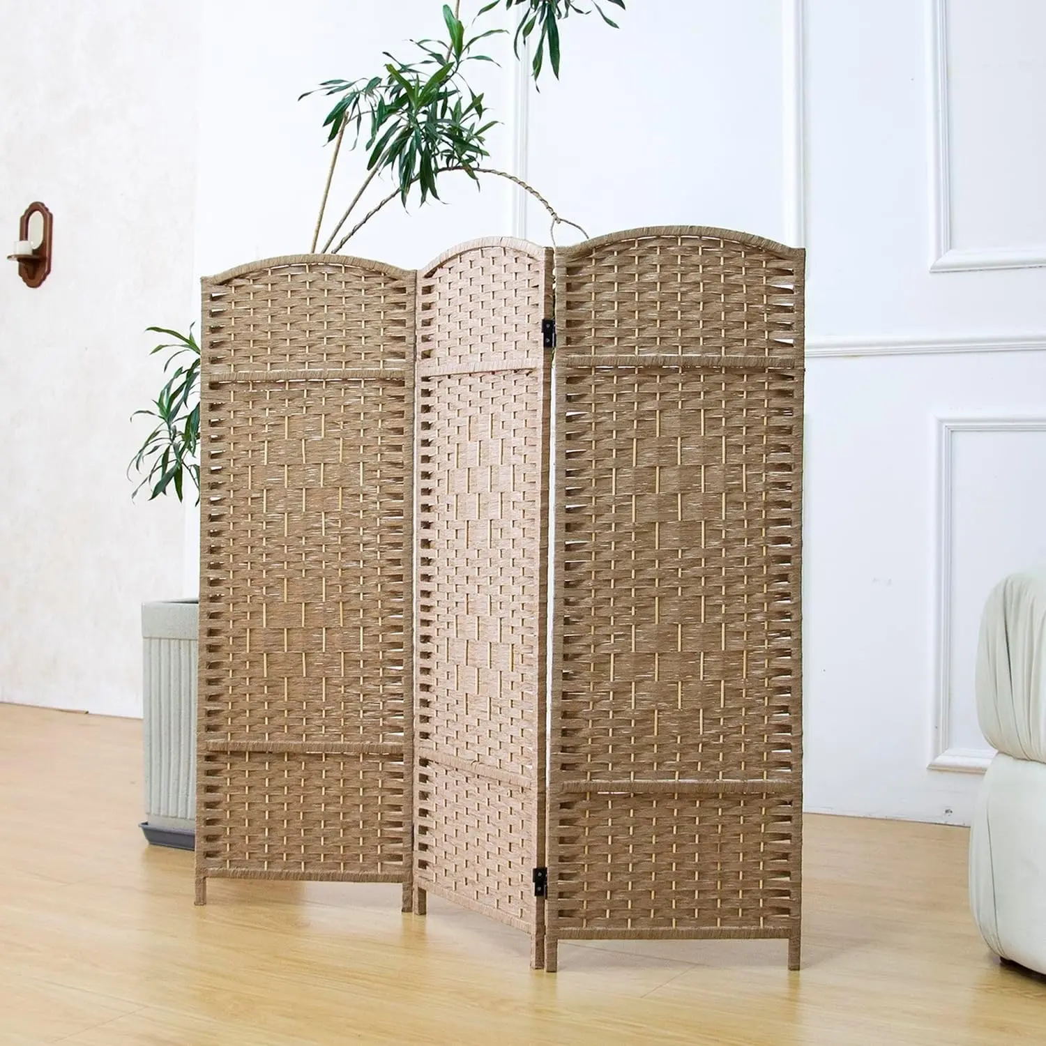 3 Panel Rattan Divider Short Room Partition Screen,Double Sided Folding Divider for Room Separation,Light Brown,47.2" H x 47.2" W