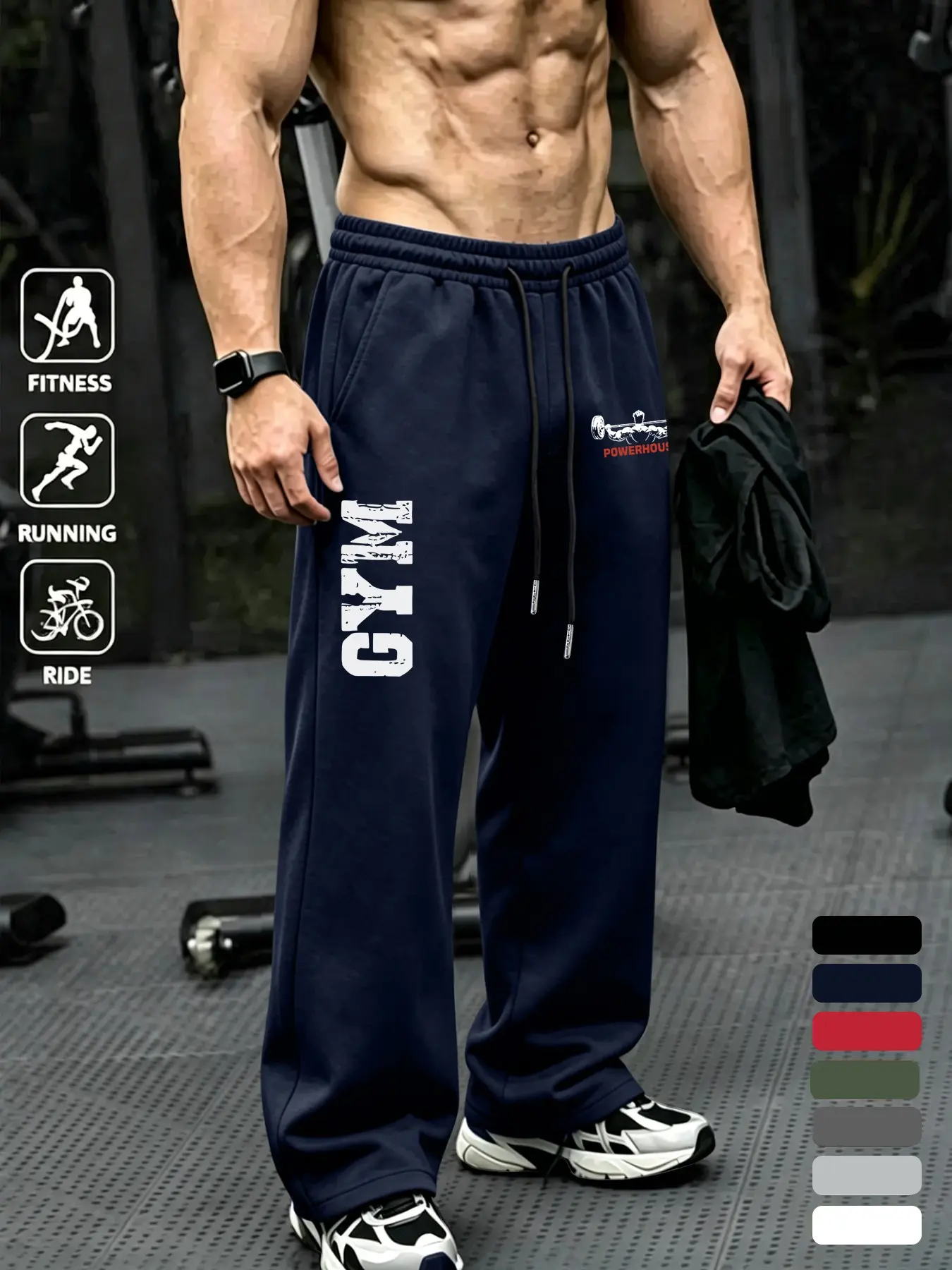 Men's Gym Barbell Graphic Print Sweatpants, Loose-Fitting Breathable Casual Sportswear Pants, Fitness Clothes, Drawstring Waist, Comfortable and Performance-Enhancing