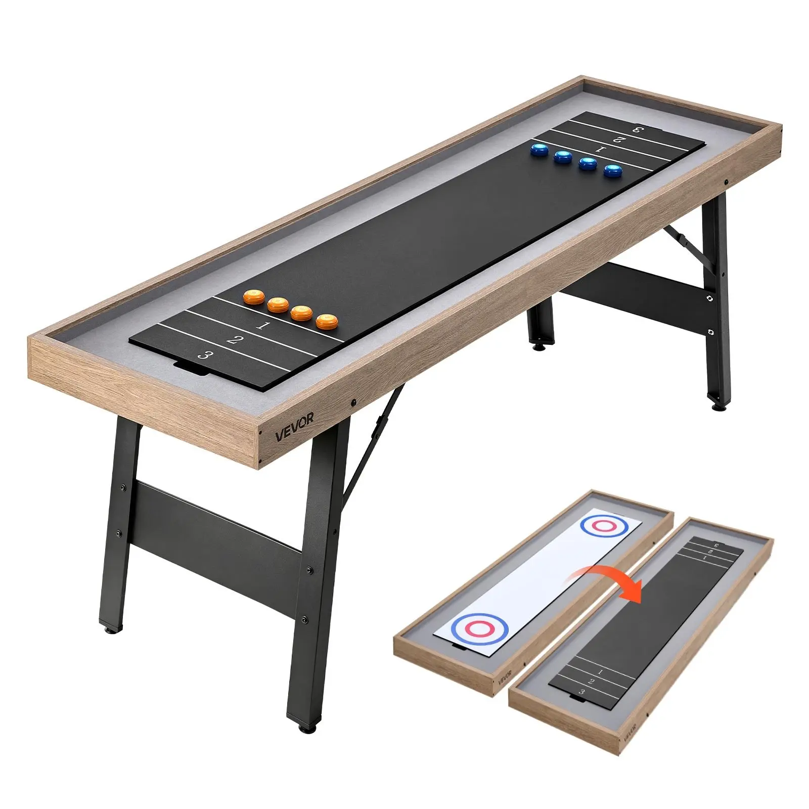VEVOR 7 ft Shuffleboard Table, 2 in 1 Shuffleboard and Tabletop Curling Combo Game, Compact Shuffle Board with Smooth Surface, Folding Legs, 8 Pucks, Easy to Disassemble and Move, for Family Game Room