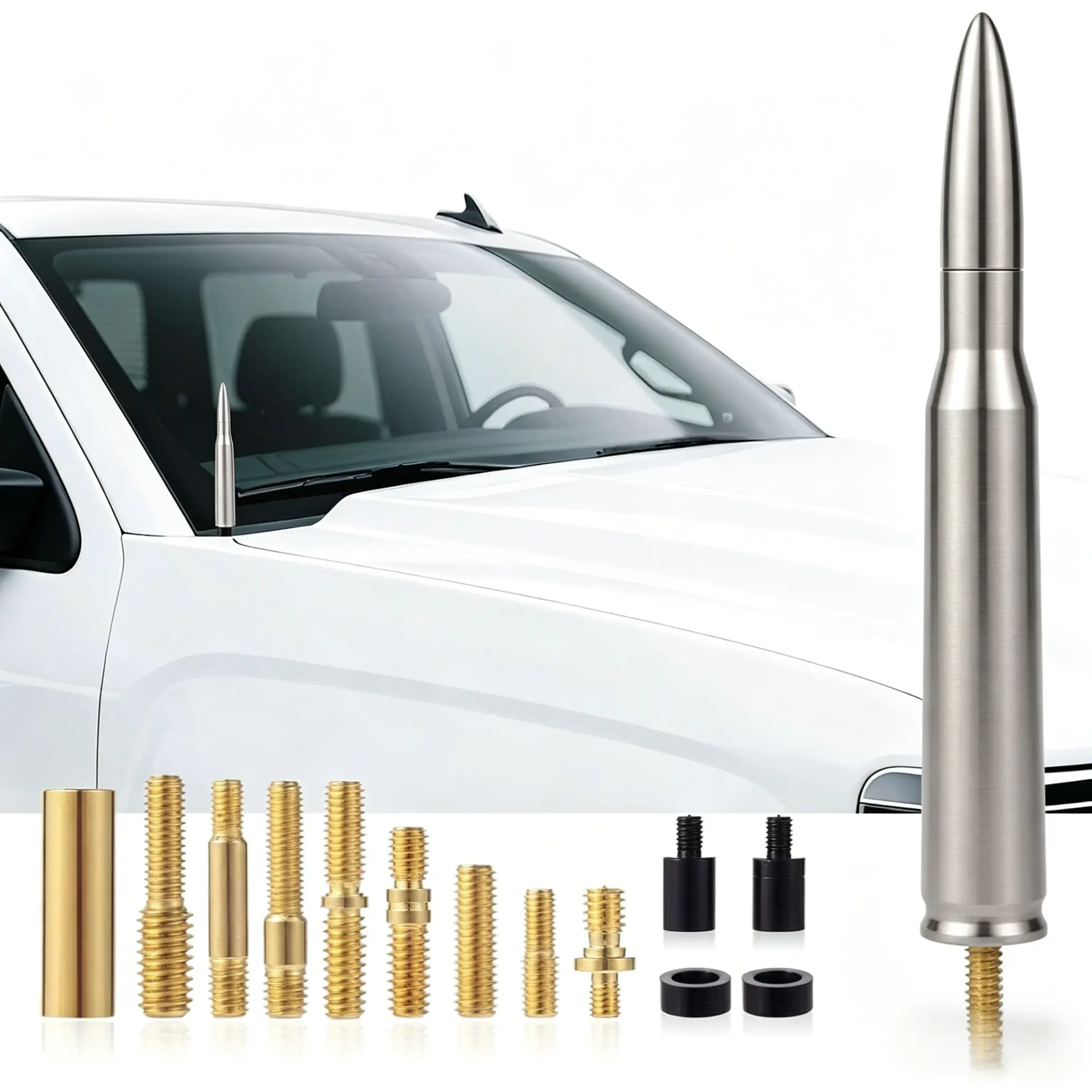 5.5 Inches (140mm) Stubby Bullet Antenna - Hard Anodized Billet Alum. Anti-Theft Car Gadget with Screws, Hood-Side Mount, Stylish Accessory for Ford, Dodge, Chevrolet, GMC, Jeep, Toyota Trucks