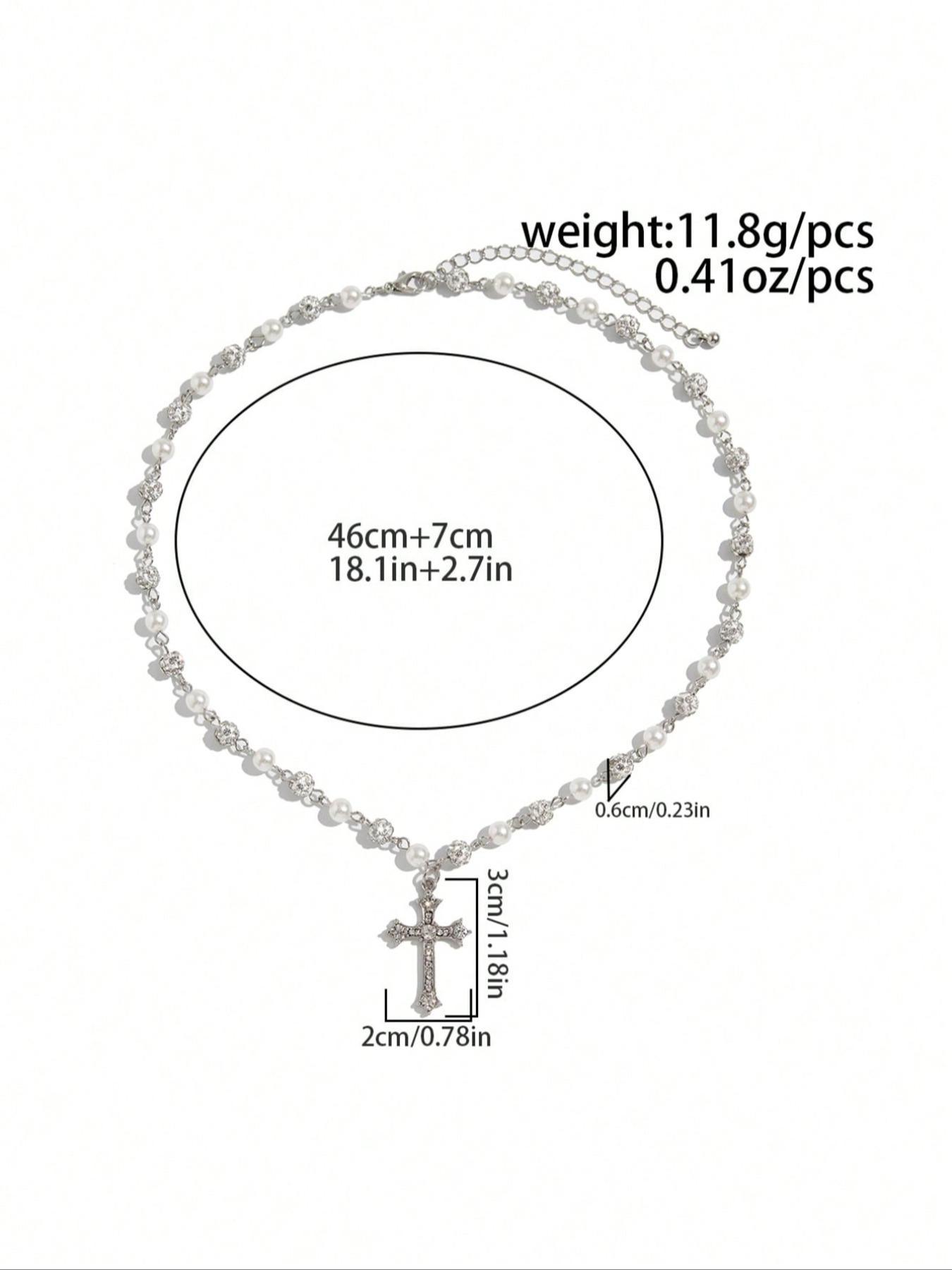 Vintage Stylish Simple Rhinestone Cross Decorated Imitation Pearl Necklace, Men's Hip Hop Punk Jewelry for Elegant Charm, Bling Necklace, Pearl Chain Necklace