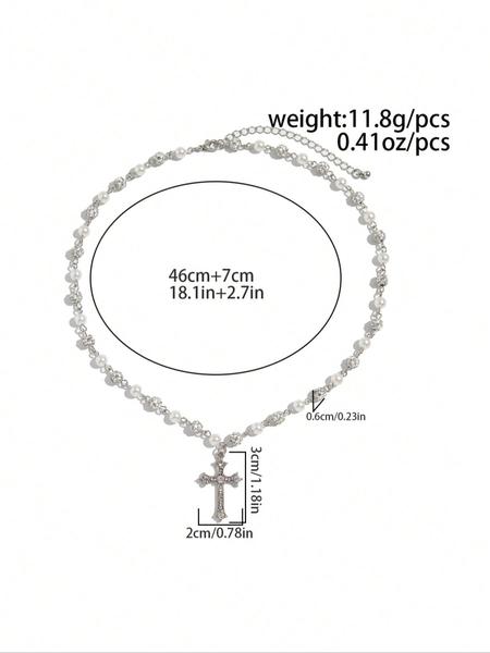 Vintage Stylish Simple Rhinestone Cross Decorated Imitation Pearl Necklace, Men's Hip Hop Punk Jewelry for Elegant Charm, Bling Necklace, Pearl Chain Necklace