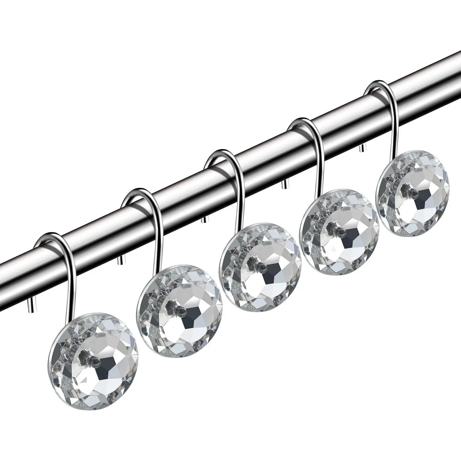 12 Pcs Acrylic Decorative Rolling Diamond Shower Curtain Hooks Rust Proof Rhinestones Crystal Bling Shower Curtain Hooks for Curtain and Shower Rod, Clear Round