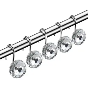 12 Pcs Acrylic Decorative Rolling Diamond Shower Curtain Hooks Rust Proof Rhinestones Crystal Bling Shower Curtain Hooks for Curtain and Shower Rod, Clear Round