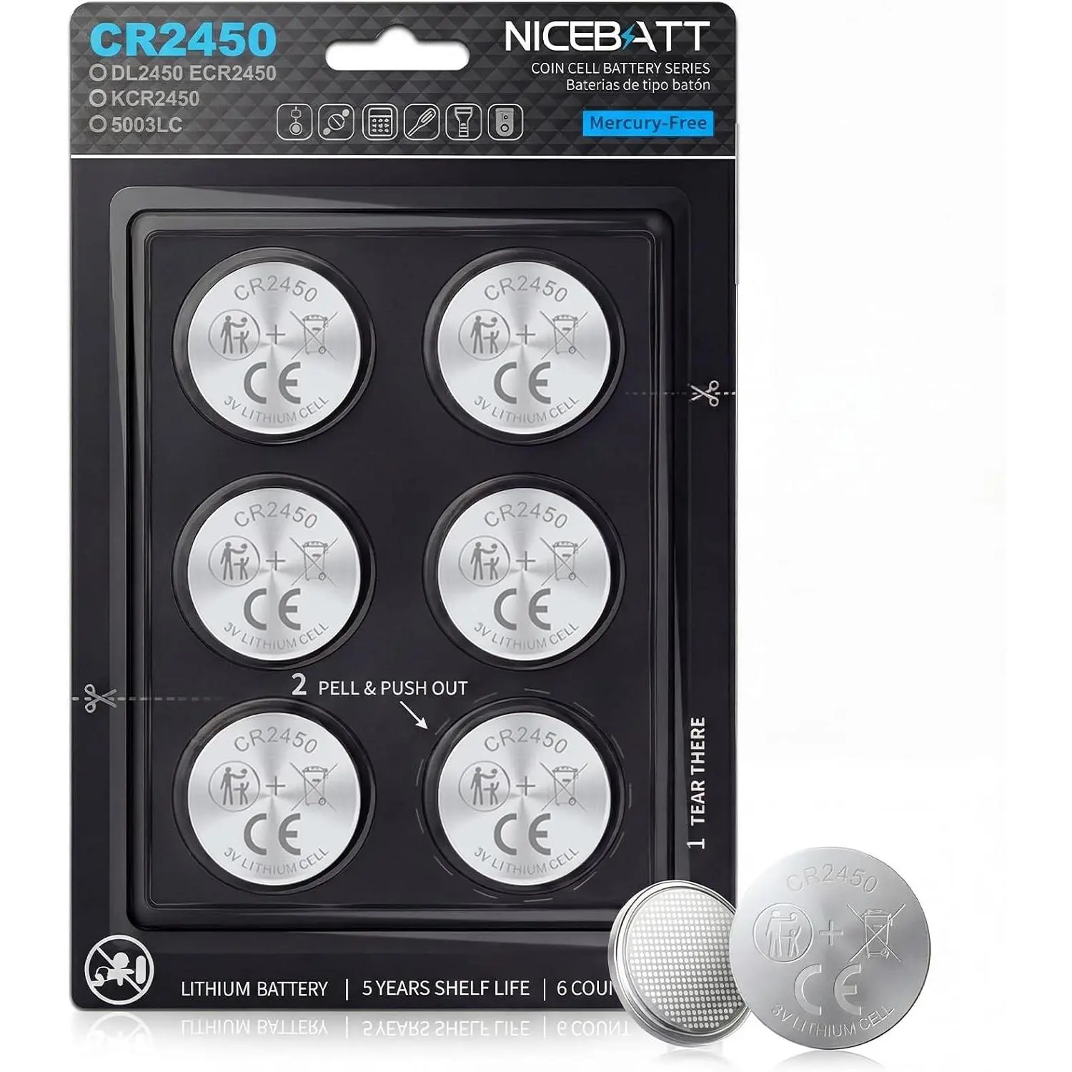 Cr2450 3V Lithium Battery 6 Pack, Long Lasting Power for Key Fob,Door Sensor, Security System and More 2450 Batteries