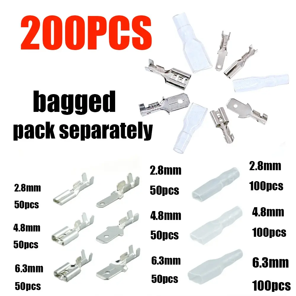 200pcs Bagged Silver Color 2.8/4.8/6.3mm Female/male Spade Connectors, Crimp Terminals, Electrical Insulation Sleeves, Wire Connectors