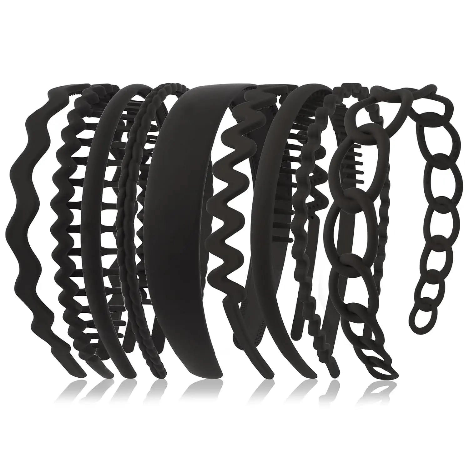 9 count Non-Slip Headbands for Women - Black Wide/Combed/Wavy Headbands Set with , Comfortable Plastic Hair Accessories for Daily Thick/Curly Hair styling