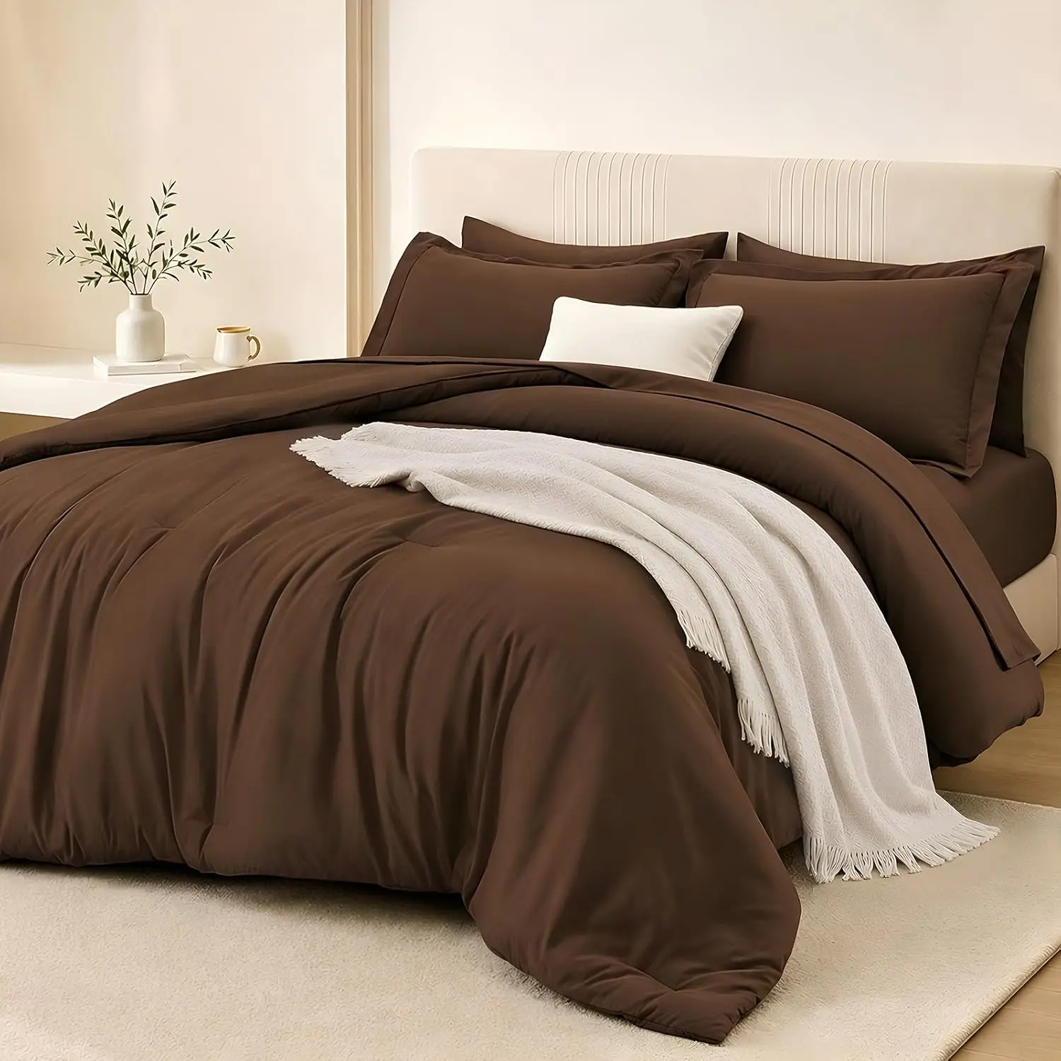 Brown Queen Comforter Set 7 Pieces, Bed in a Bag Soft Bedding Sets