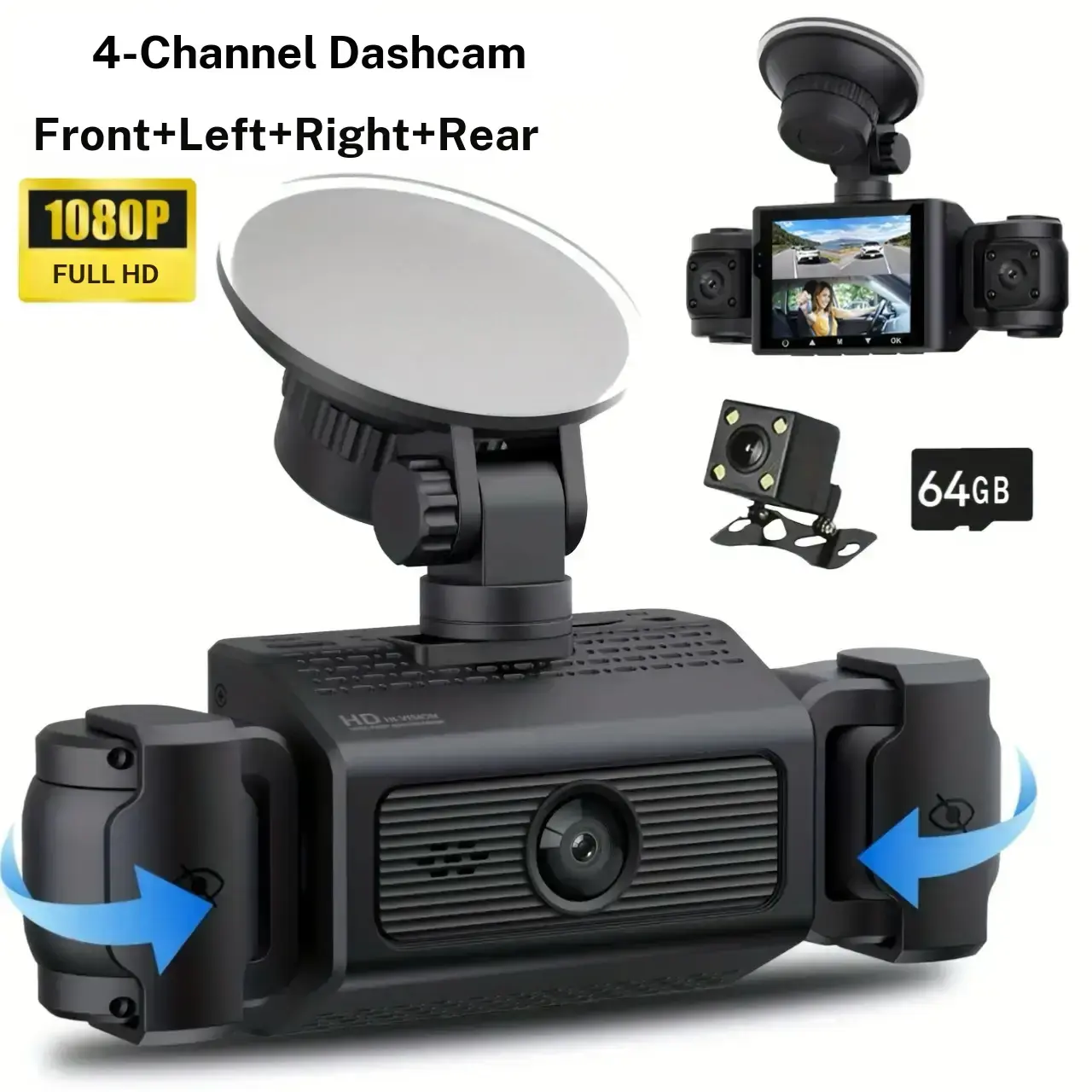 4 Channel 1080P DashCam, Front,Back,Left&Right Adjustable Lens Dash Cam , Car Recorder , Car Camera With IR Night Vision, Cycle Recording, With Free 64 GB Card#dealsforyoudays Autos Automotive Vehicle Black