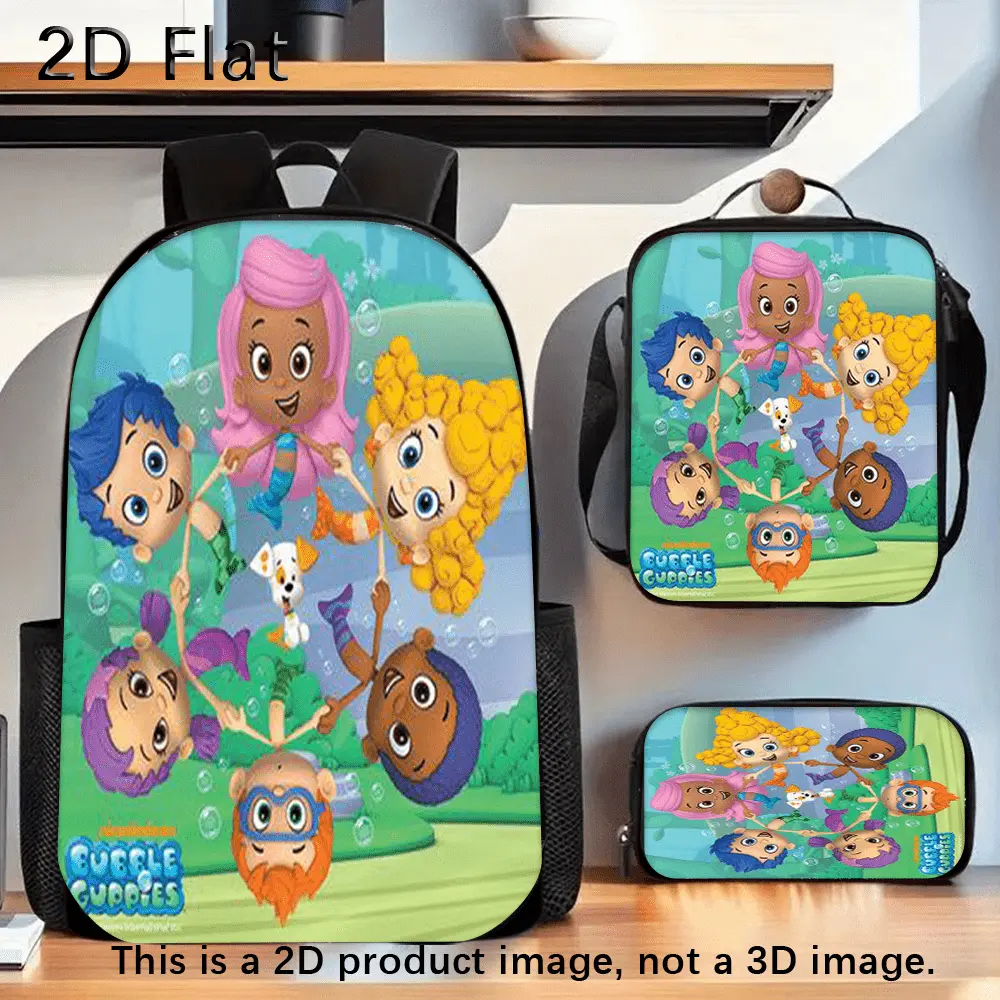 3Pcs Bubble Guppies Underwater Kids Cartoon Backpack Set 2D Flat Print School Bag Lunch Bag Pencil Case Combo 600D Oxford Soft Padded Straps Multi Pocket Travel Daypack For Little Kids
