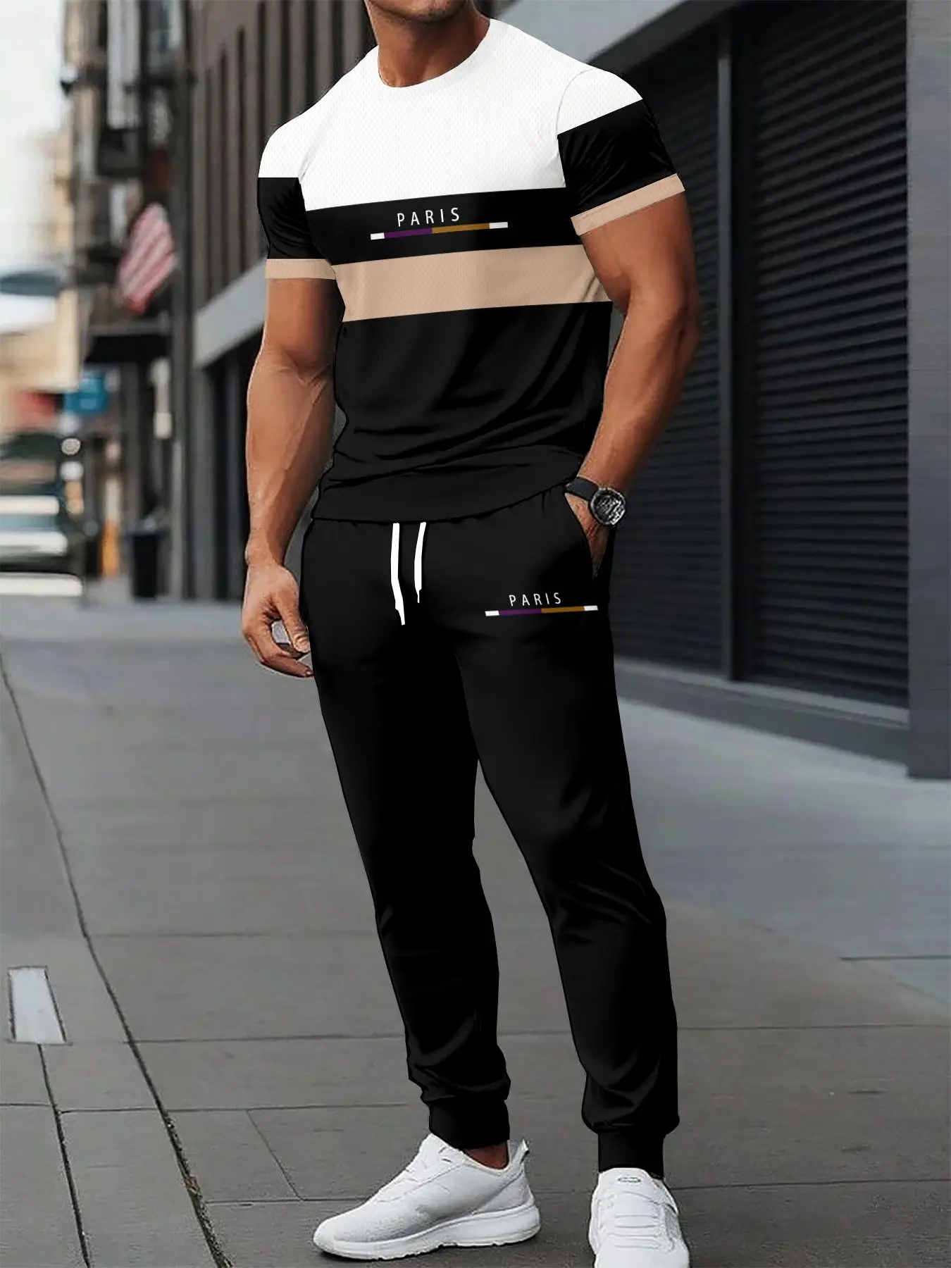 Men's Paris Print Colorblock Sportswear Set, Short Sleeve T-Shirt + Jogging Pants, Casual Daily Wear, Multicolor