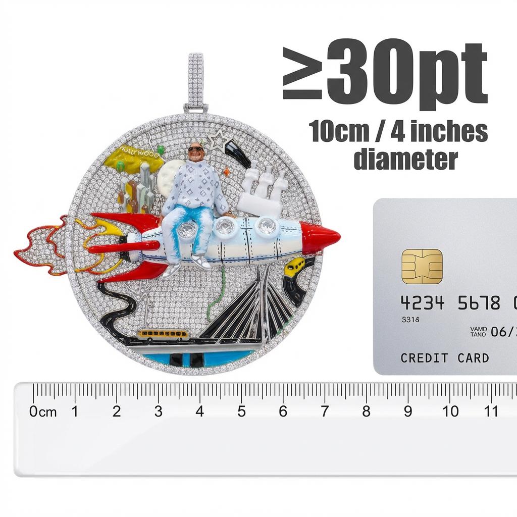 Huge Iced Out 3D Rocket Man Enamel Medallion Pendant, Colorful Cityscape Hip Hop Statement Jewelry, 925 Silver Tone with 4mm Rope Chain