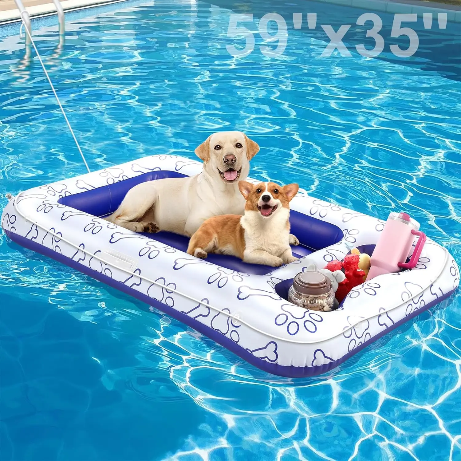 59" x 35" Inflatable Dog Float Lounger with Handles, Snack Area, Pet Pool Float for Dogs Under 220 Lbs – Beach, Lake Use