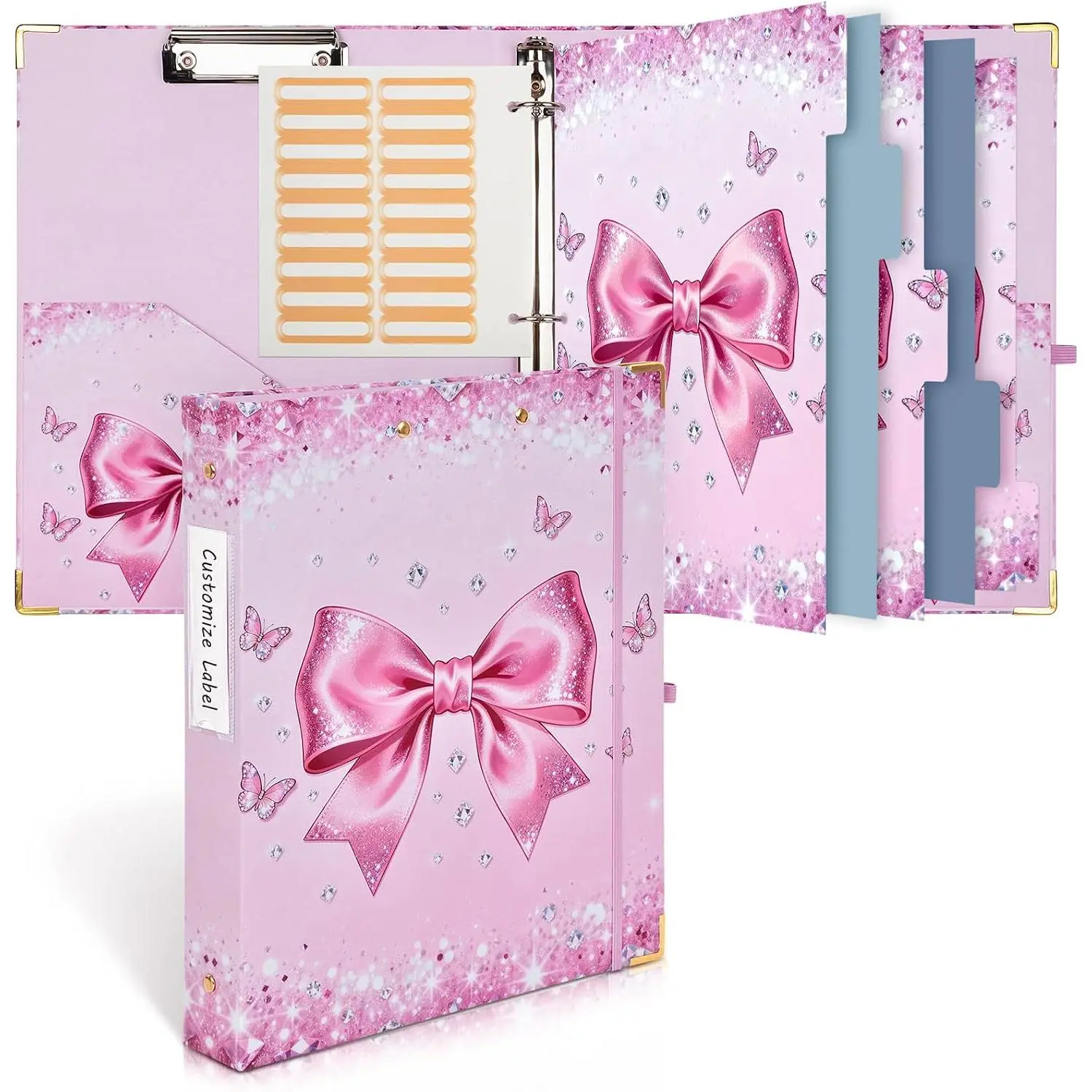 1 Inch 3 Ring Binder with Clipboard, Cute Binder  Bow Design, Holds 200 Sheets A4 Letter, Inside Pockets & 5 Tab Dividers, Pretty Classic  Binder for School Office Supplies(  Bow)