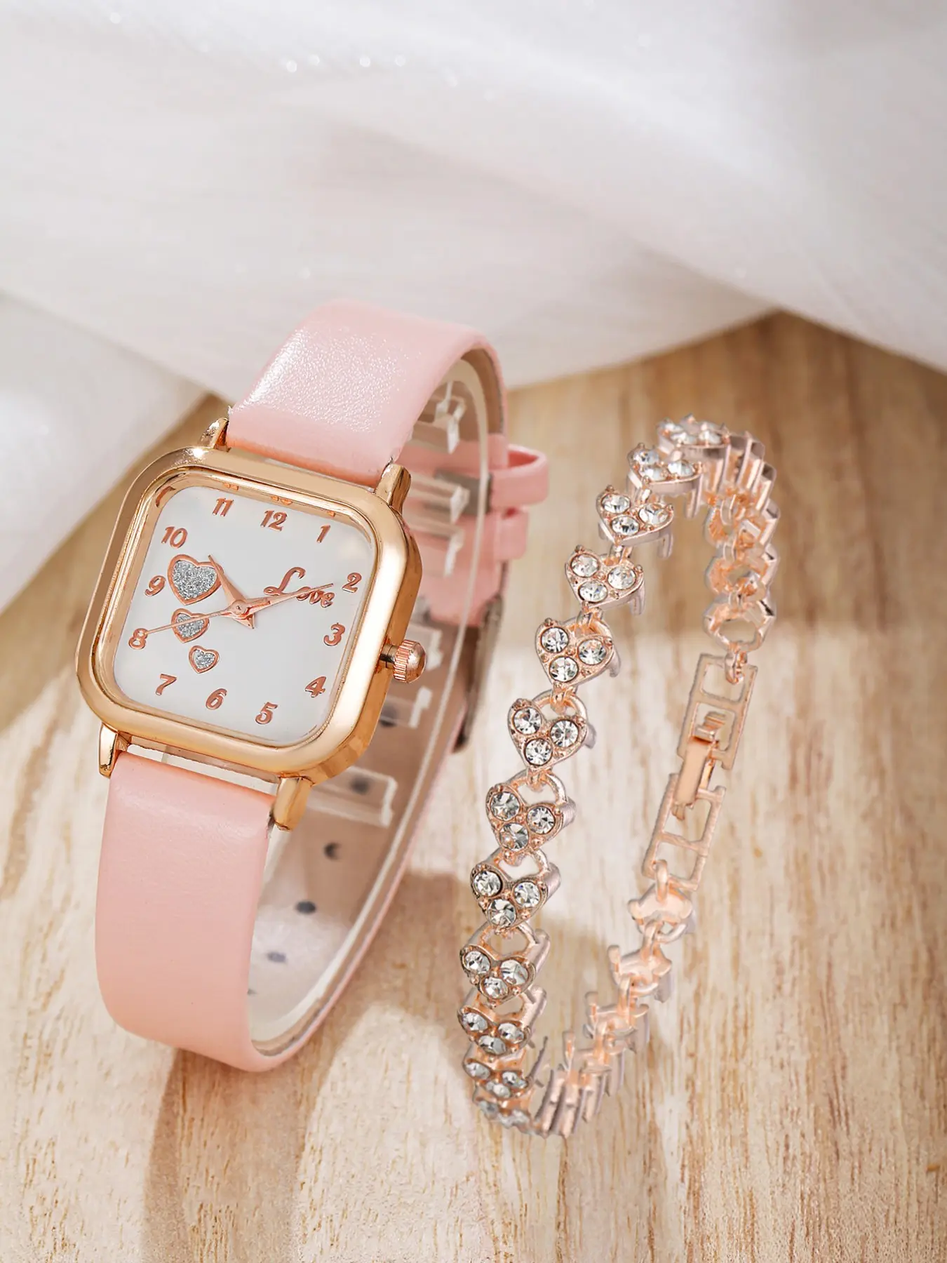 Elegant Heart-Encrusted Square Women's Quartz Watch Set, Rose Gold Leather Strap, Matching Diamond Heart Bracelet, Sweet Commuter Two-Piece Set
