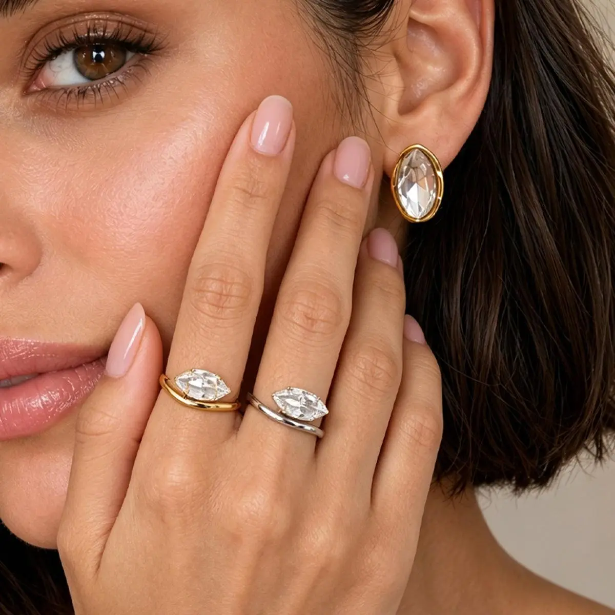 Affordable Fashion Marquise Cut Crystal Ring - Open Wrap Band, Gold/Silver Tone, Baddie Aesthetic Main Character Energy Costume Jewelry for Back to School, Adjustable Fit, Lolias, Low After-Sales Risk, Metal Plated Gold, Bestie, Night Out