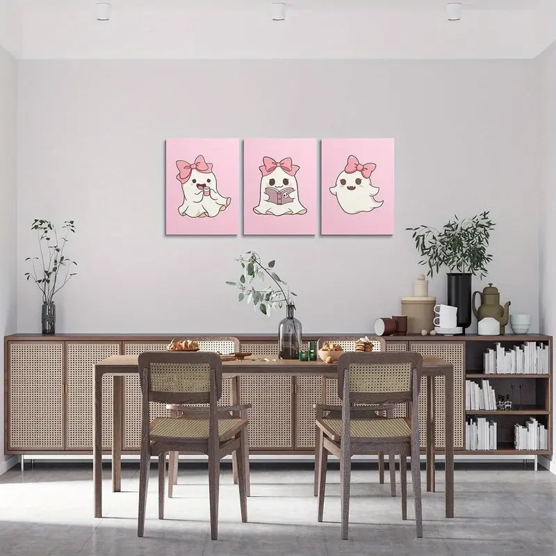 3Pcs -Cute Ghost Canvas Print Painting for Living Room, Pink Wall Art for Home Decor, lovely Cartoon Ghost, Pink Halloween Theme Wall Painting