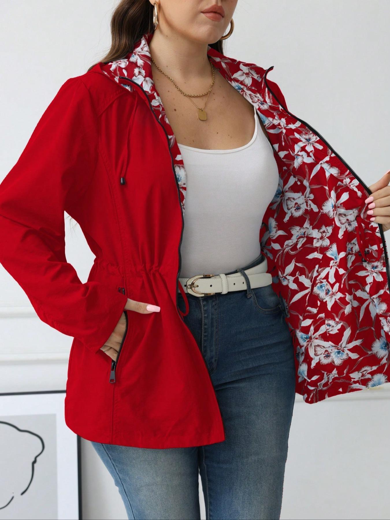 Giolshon Women's Plus Size Autumn Winter Reversible Jacket, Fashionable Hooded Windbreaker for All Seasons, Comfortable Business Casual Outerwear