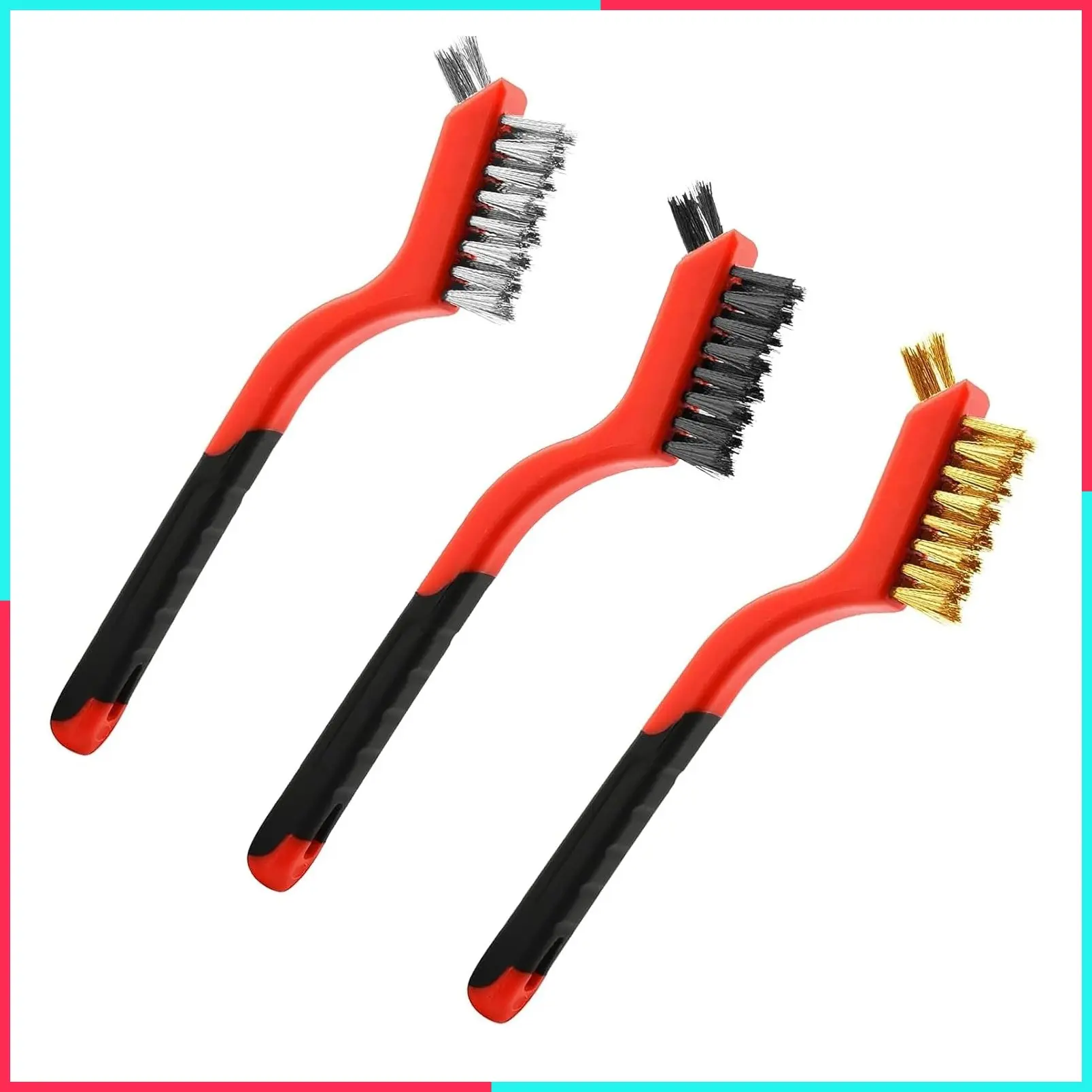 Wire Brush Set (3-Pack) for Precision Cleaning – Brass, Nylon & Stainless Steel Brushes for Rust Removal, Delicate Surfaces & Tight Spaces – 7-Inch Curved Handle