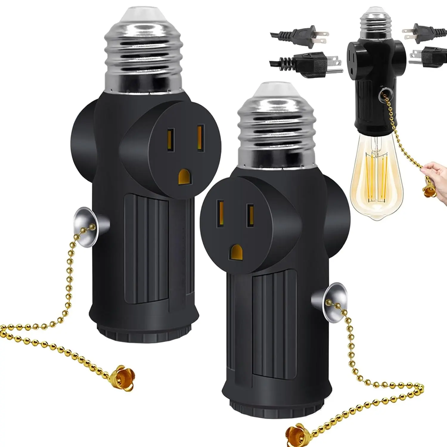 2-Pack E26/E27 Light Socket to Plug Adapter 3 Prong with  Black | Converts Light Socket to 3-Prong Plug Outlet.,Both Sides Support Plug-in,/off  Control. E26/E27 Compatible