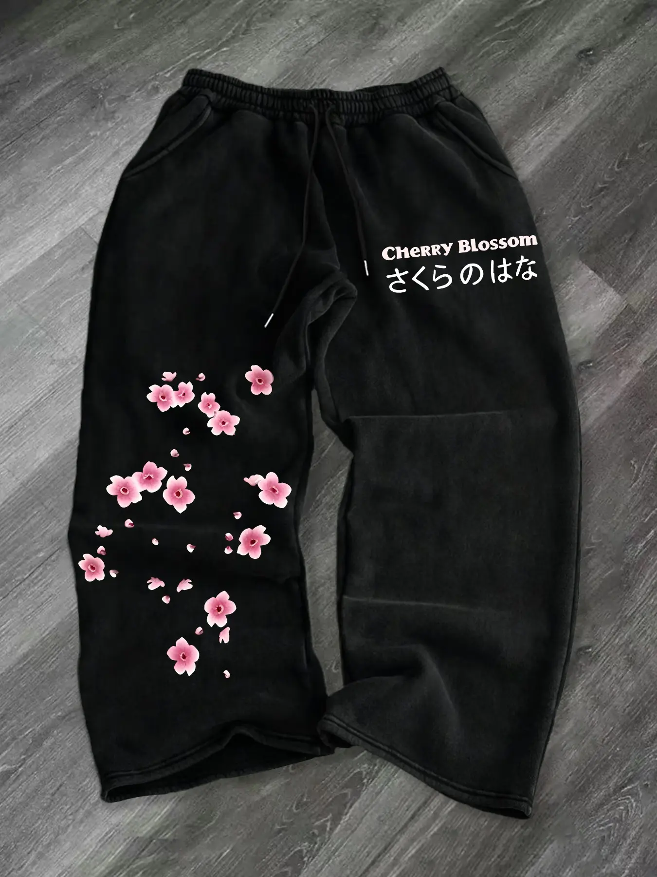 Men's Wide Leg Sweatpants, Elastic Waist Drawstring Long Pants, Cherry Blossom Floral Japanese Text Print, Casual Streetwear, Y2K Harajuku Style