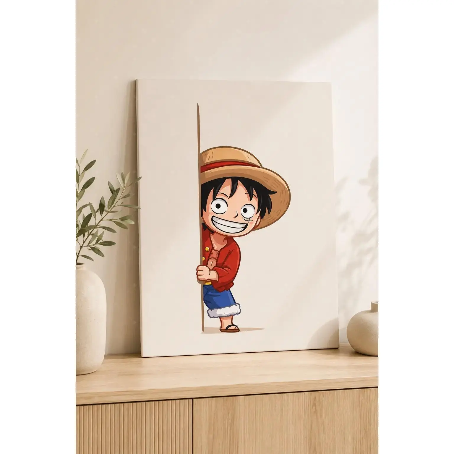 Anime Straw Hat Pirate Boy Cartoon Poster, Red-Black Manga Character Decorative Artwork, Artistic Hanging Canvas for Bedroom & Gaming Room, Anime Fan Home Decor Gift