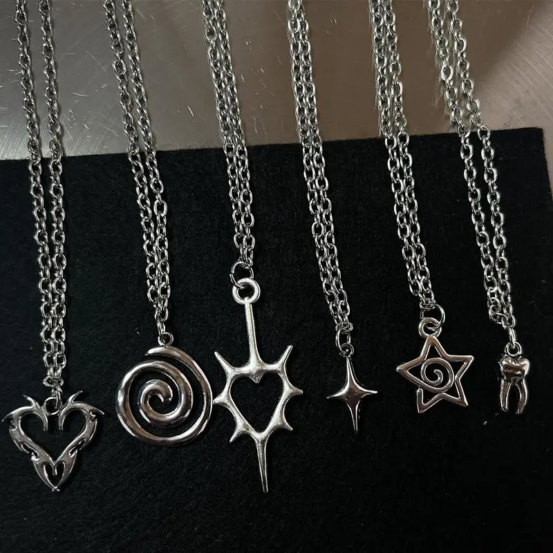 Y2K Flail Fire Heart Teeth Pendant Necklace for Women Men Charm Necklace Grunge Punk Fashion Jewelry ﻿