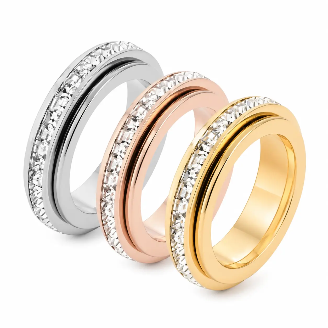 Women’s 3-Piece Adjustable Cubic Zirconia Spinner Rings Featuring Smooth Rotating Geometric Cubes for Gentle Kinetic Movement, Designed for Daily Stress Relief, Focus Support, and Calming Fidget Use — Hypoallergenic Nickel-Free Alloy, Ideal for Sensitive