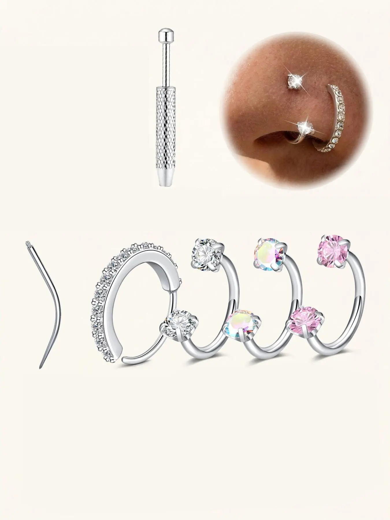 Hypoallergenic CZ Horseshoe Nose Ring, Stainless Steel 18/20 Gauge 8mm Hoop, Internal Thread Design, Body Jewellery Nose Piercing Jewelry for Nose, Cartilage, Tragus, Helix & Lip Piercings, Nose Ring Hoops
