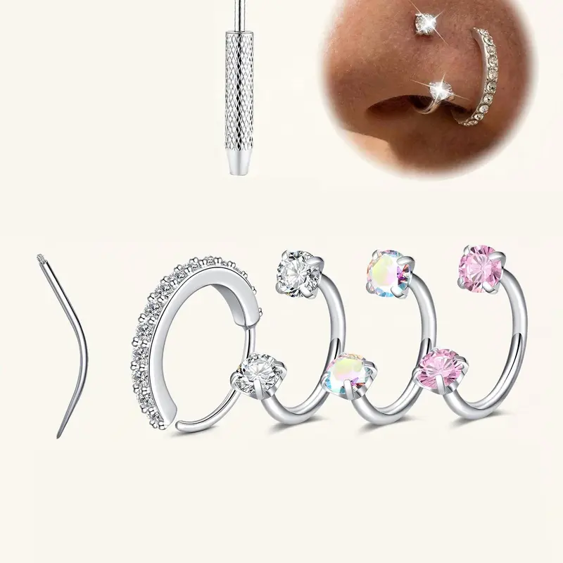 Hypoallergenic CZ Horseshoe Nose Ring, Stainless Steel 18/20 Gauge 8mm Hoop, Internal Thread Design, Body Jewellery Nose Piercing Jewelry for Nose, Cartilage, Tragus, Helix & Lip Piercings, Nose Ring Hoops