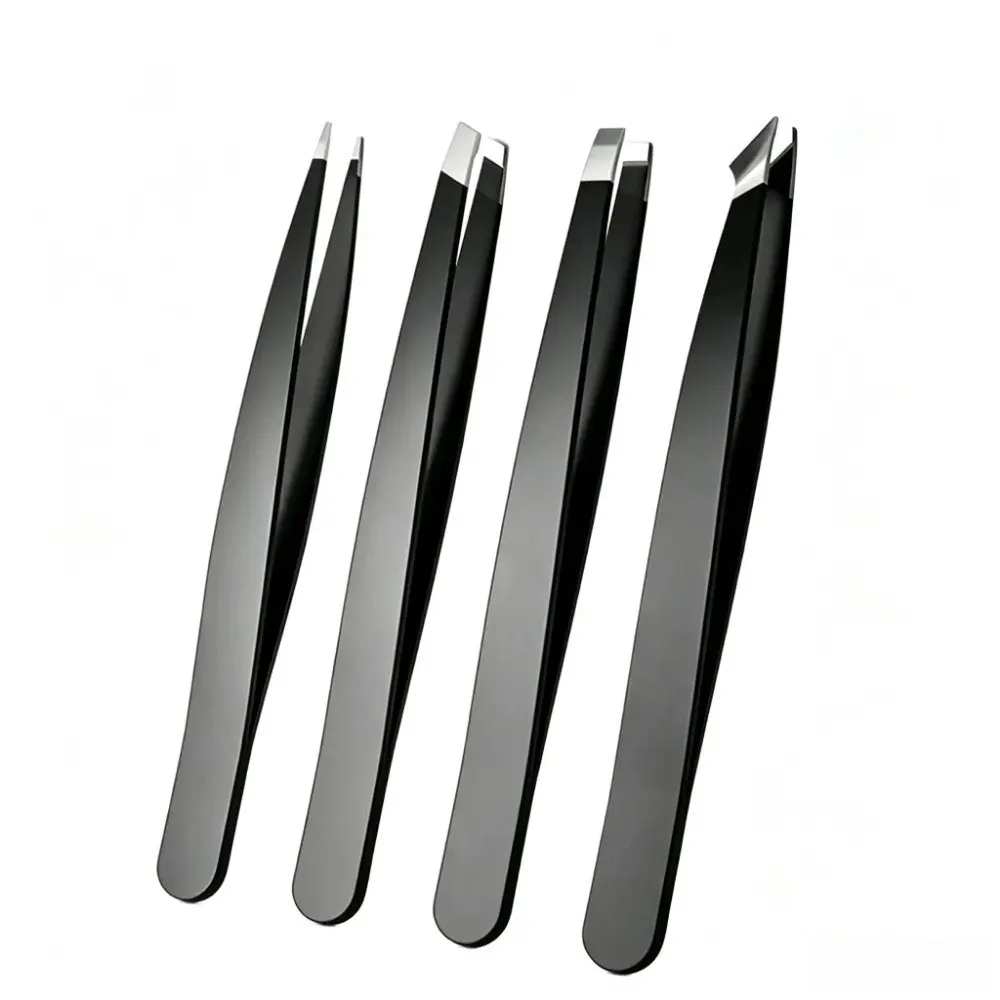 4 Piece Stainless Steel Eyebrow Tweezers Set, Precision Brow Grooming Tools, Flat, Angled, Pointed Tips, Home Beauty Essentials
