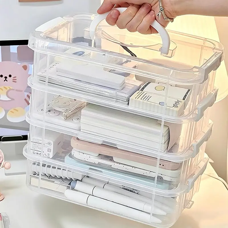 4-Tier Transparent Storage Box, Stackable Carry Container with Buckle Lids & Handle, Large-Capacity Plastic Organizer Case, Ideal for Beads, Office Supplies, Building Blocks, Cosmetics & More