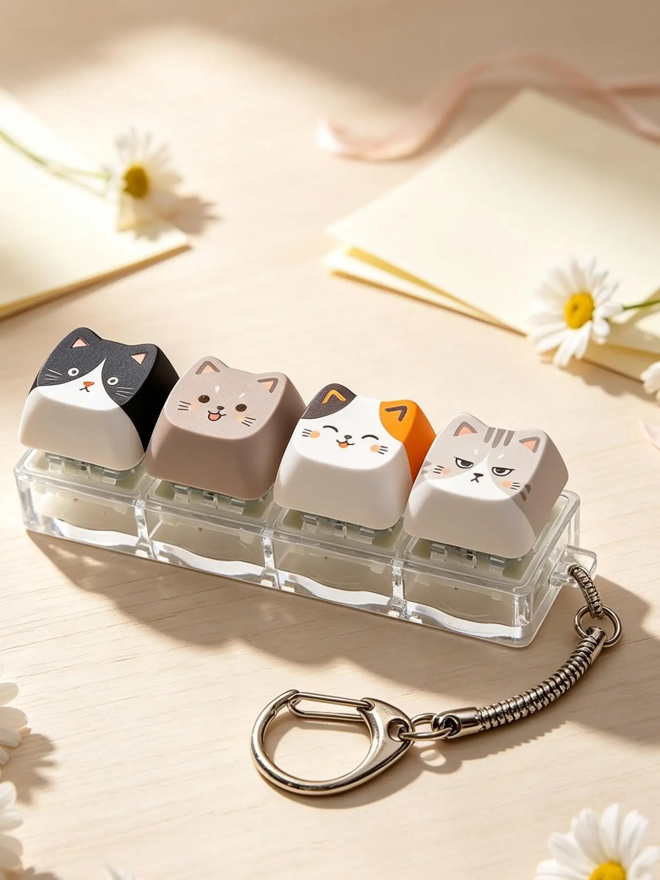 Cute Cat Pattern 4‑Key Fidget Clicker Toy Keychain, Mechanical Keyboard Style Fidget Toy With Metal Spring Rope Key Ring, Stress Relief Clicking Gadget, Clear Shell Bag Pendant, Streetwear Accessories Gift For Teens Girls Keyboard Lovers