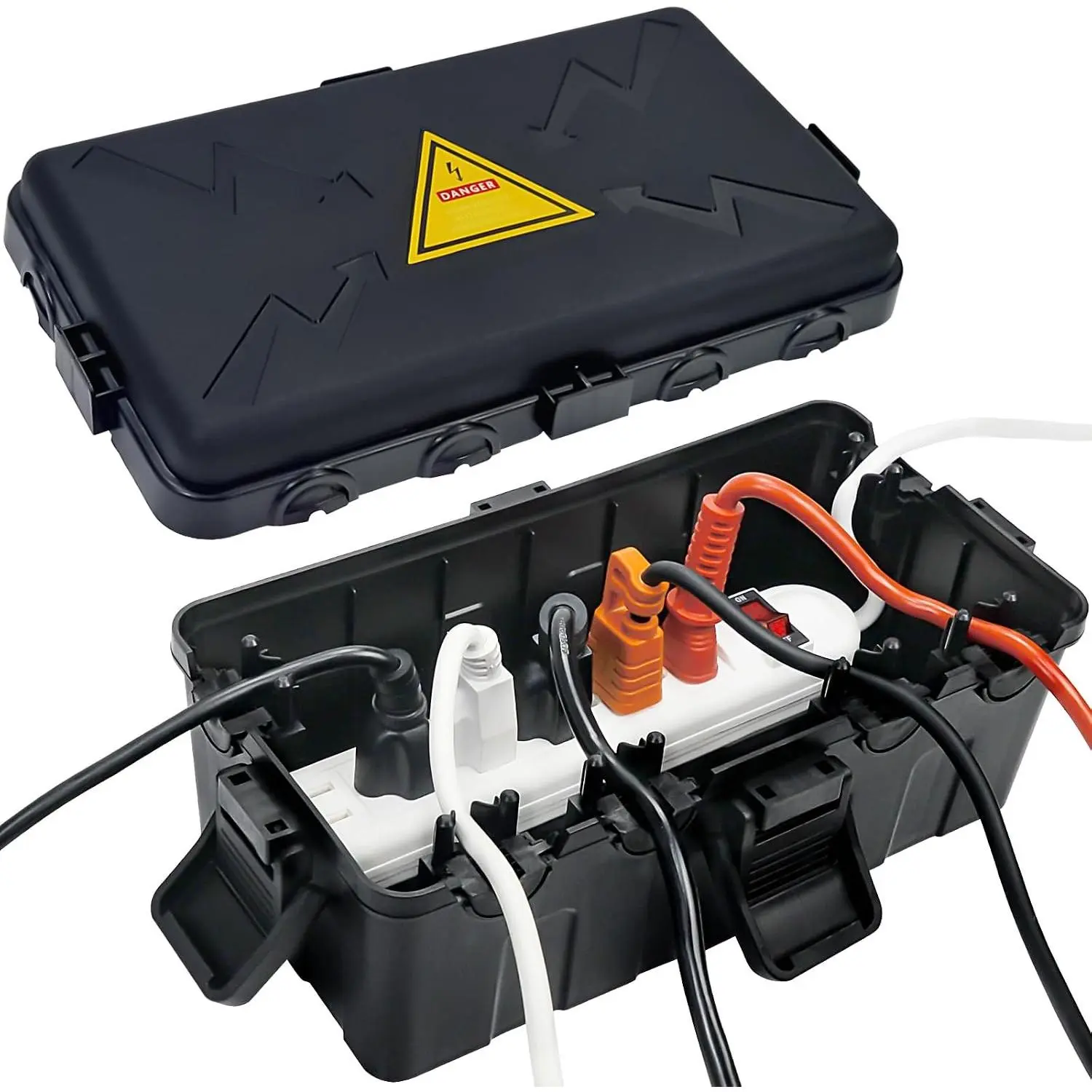 Medium Outdoor Electrical Box(10.6x5.5x4.5inch),Weatherproof Connection Box w/6 Cable Entry,IP54 Waterproof Extension Cord Cover Protect Power Strip,Timer,Plug,Holiday Lights,Black