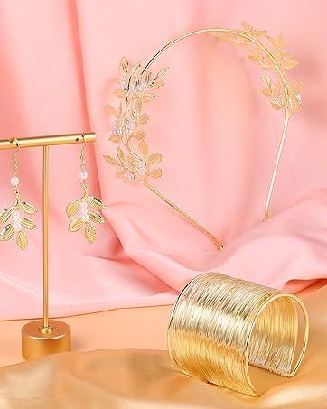 Florideco 9 Pcs Greek Goddess Costume Accessories Set for Women Golden Laurel Leaf Crown Headband Upper Arm Coil Bracelet Pearl Leaf Dangle Earring Artificial Pearl Earrings Necklace Bridal Wedding