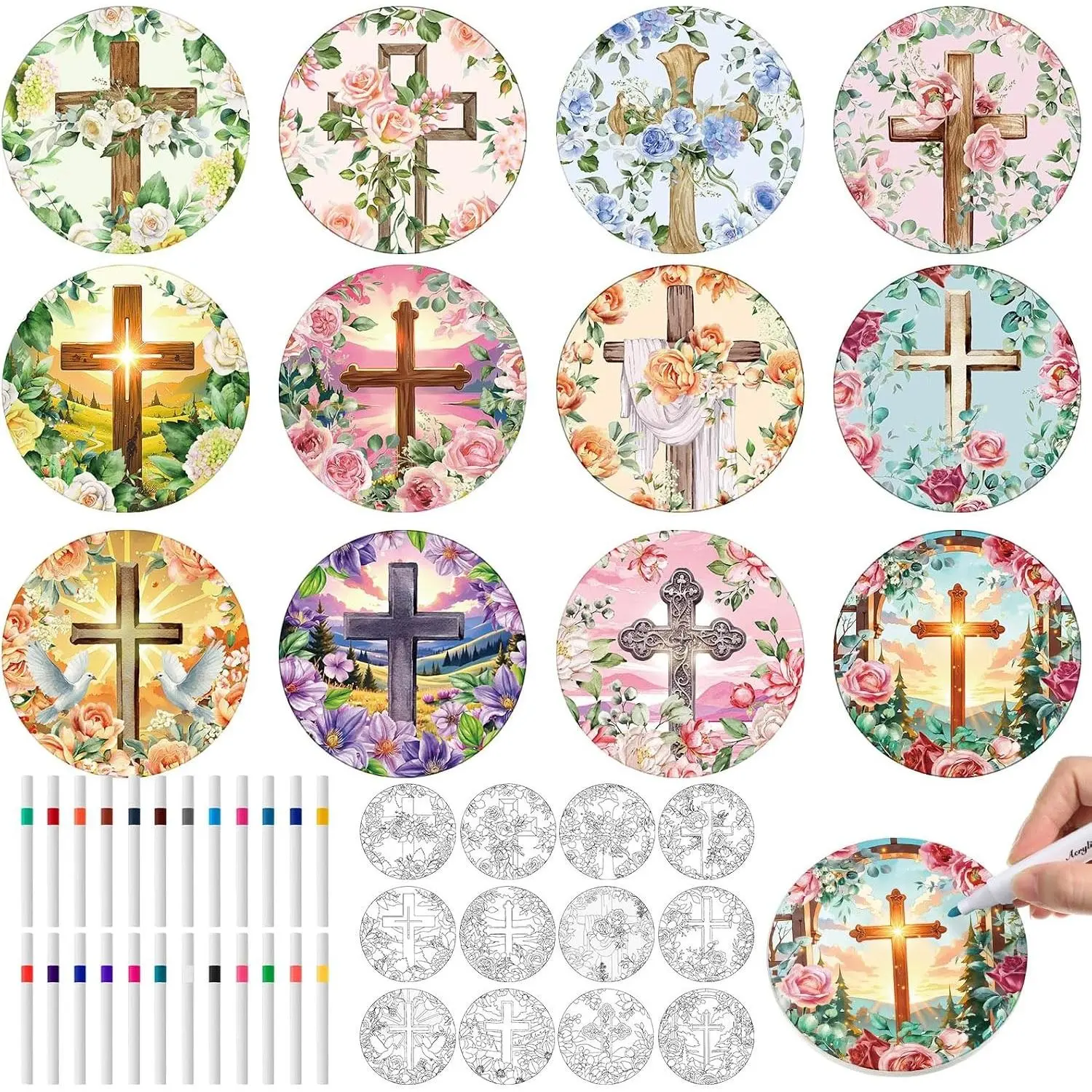 Potchen 12 Pcs Color Your Own Coaster DIY Kits,Cross | Ceramic Absorbent Drink Coasters with Cork Base and 12 Markers, Paint Coasters for Adult Home Table DIY Crafts Gift