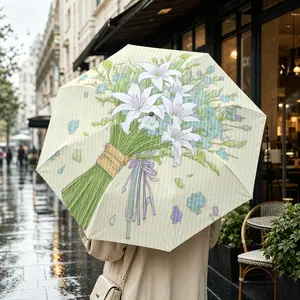 Foldable Umbrella with Hand-Drawn Lily Blue Bouquet Design, Automatic Open, Durable Iron Frame, Portable, Suitable for All Seasons