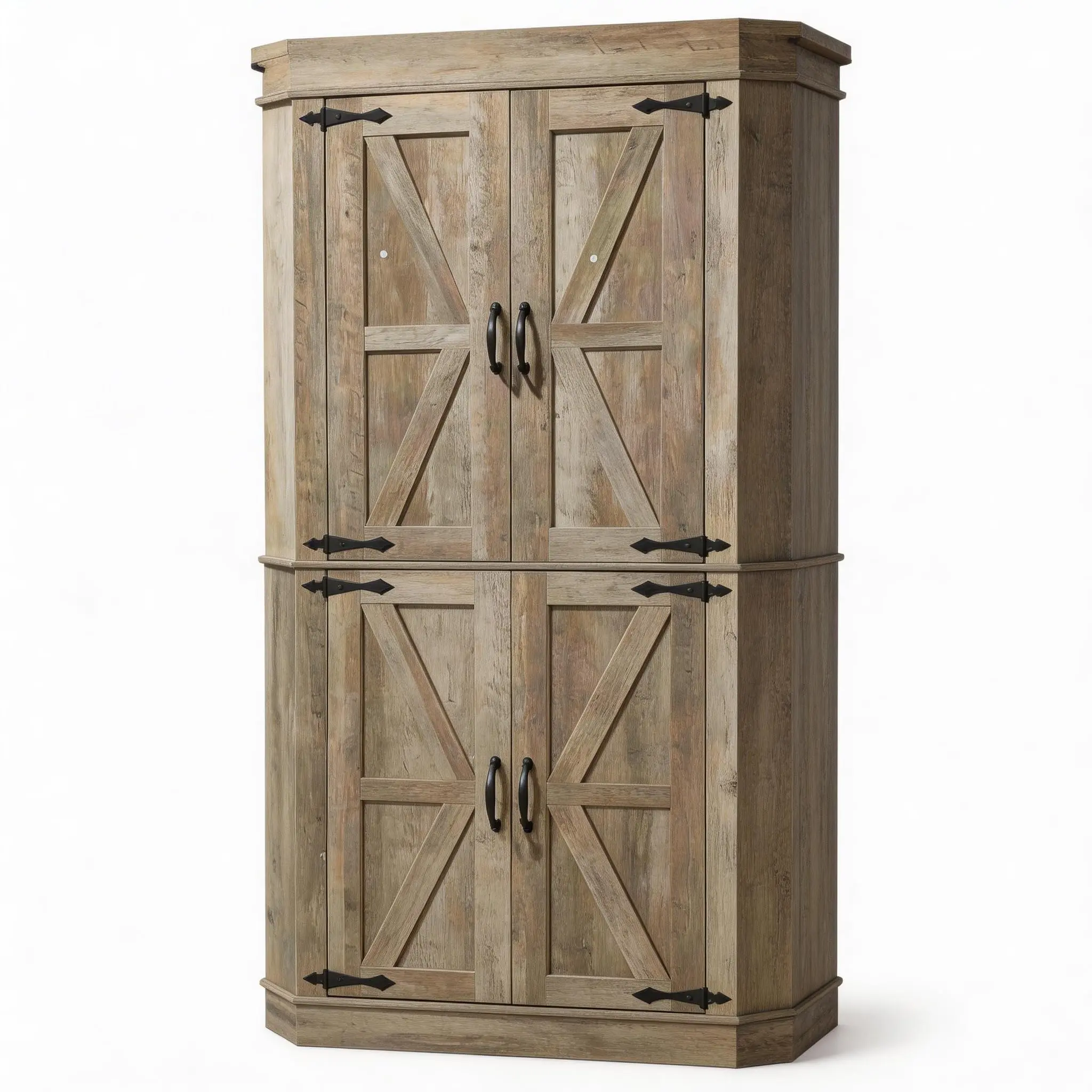 L-Shape Corner Pantry Cabinet, 70.39 inches Farmhouse Kitchen Storage with 4 Doors Shelves,Freestanding Buffet Hutch with Side Rack for Dining Room/Living Room/Apartment(Antique Gray)