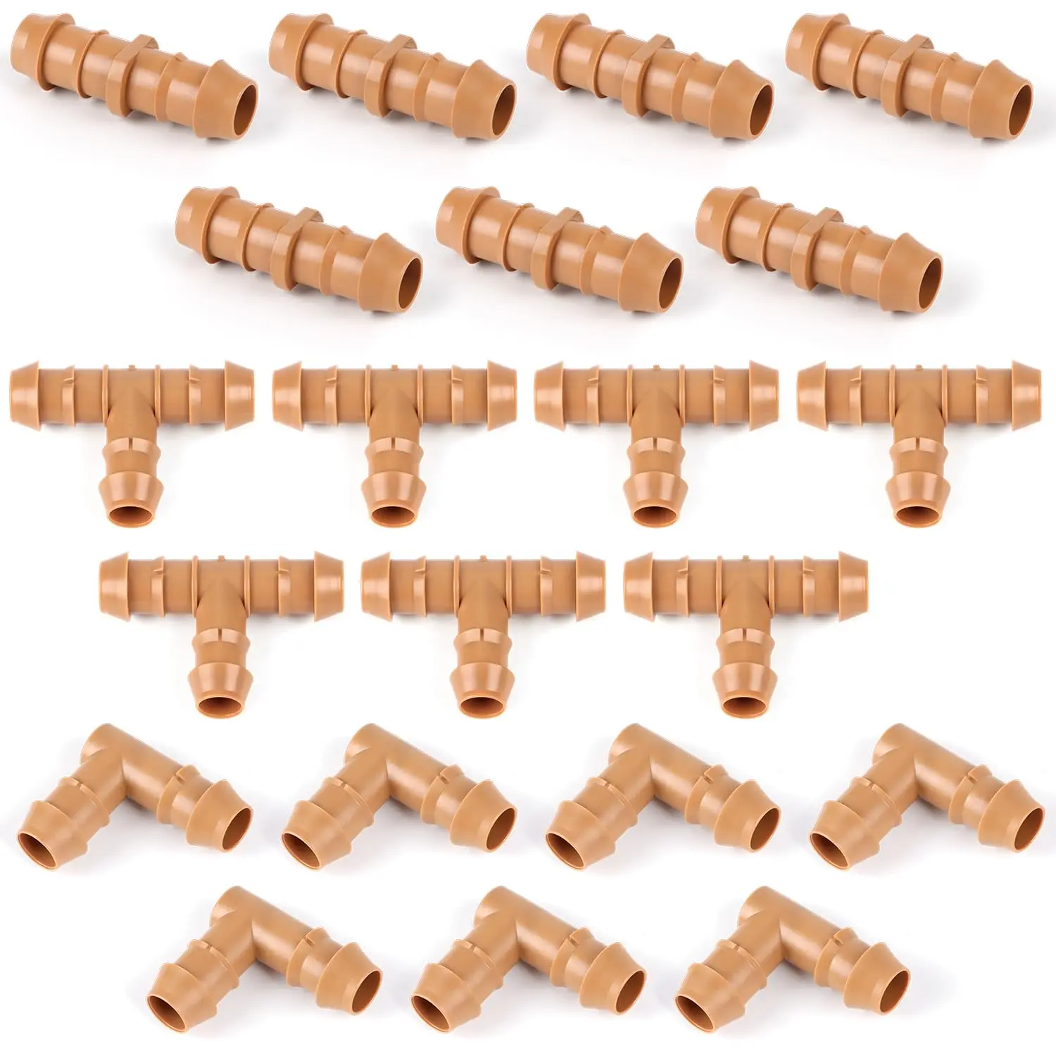 Drip Irrigation Fittings Kit for 1/2" Tubing, 21 count Drip Line Barbed Connectors for 1/2 Inch Irrigation Tubing Includes 7 Couplings 7 Tees 7 Elbows